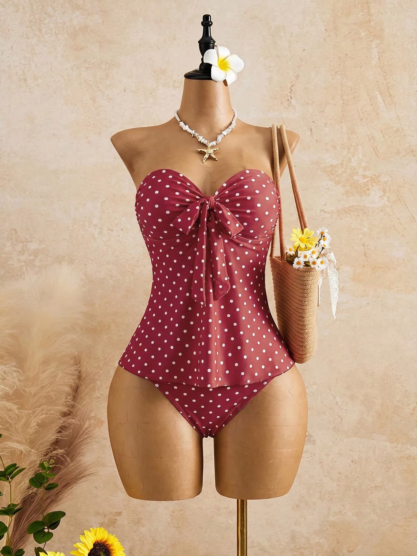 Bellisia Women's White Polka Dot Ruched Bandeau Tankini Top And Triangle Bottoms Swimwear Set,Summer Tropical Holiday Pool Party Vacation Mediterranean Cute