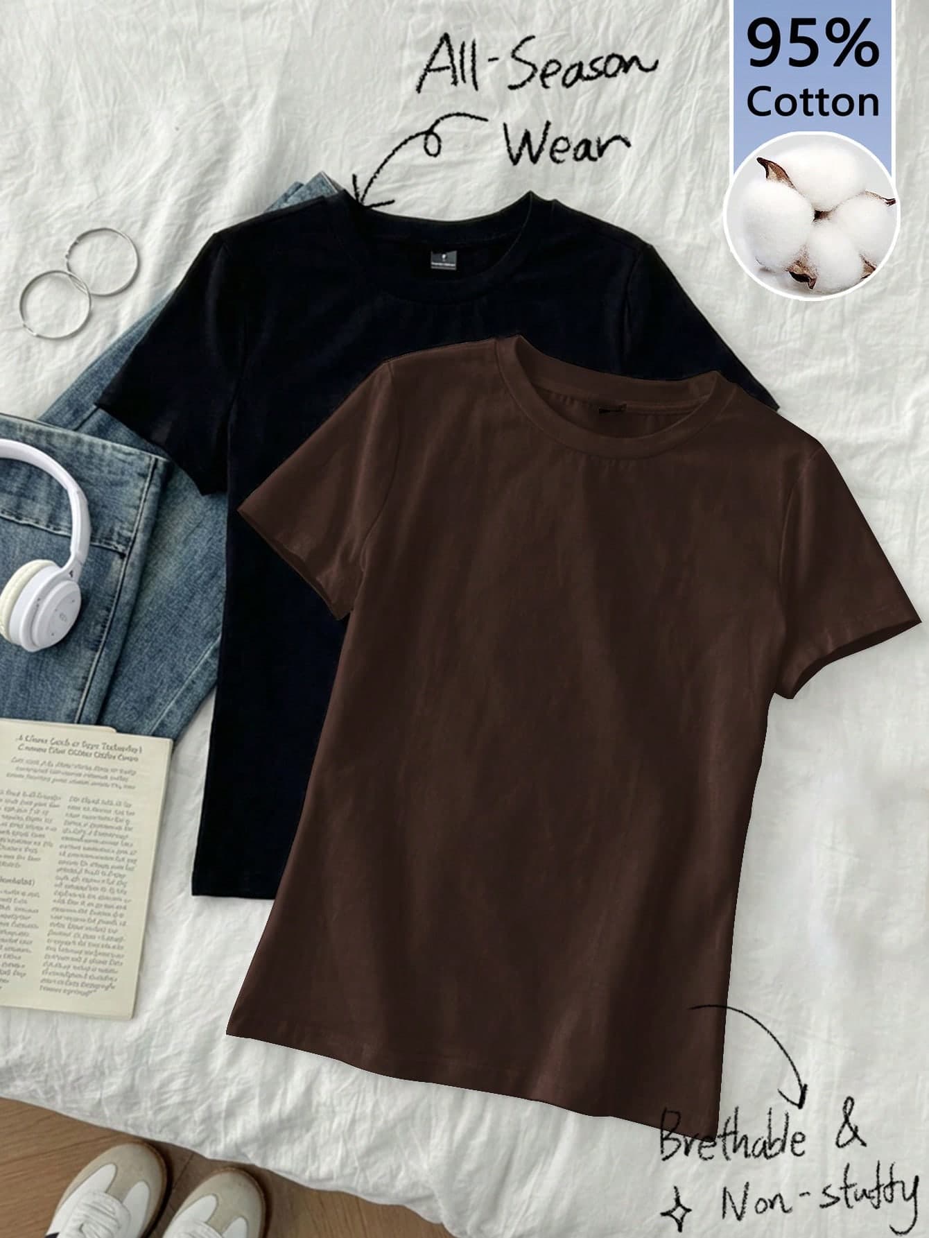 Tseoso 2pcs/Set Casual Minimalist Basic Round Neck Short Sleeve Undershirt, Black & Dark Brown, Spring/Summer