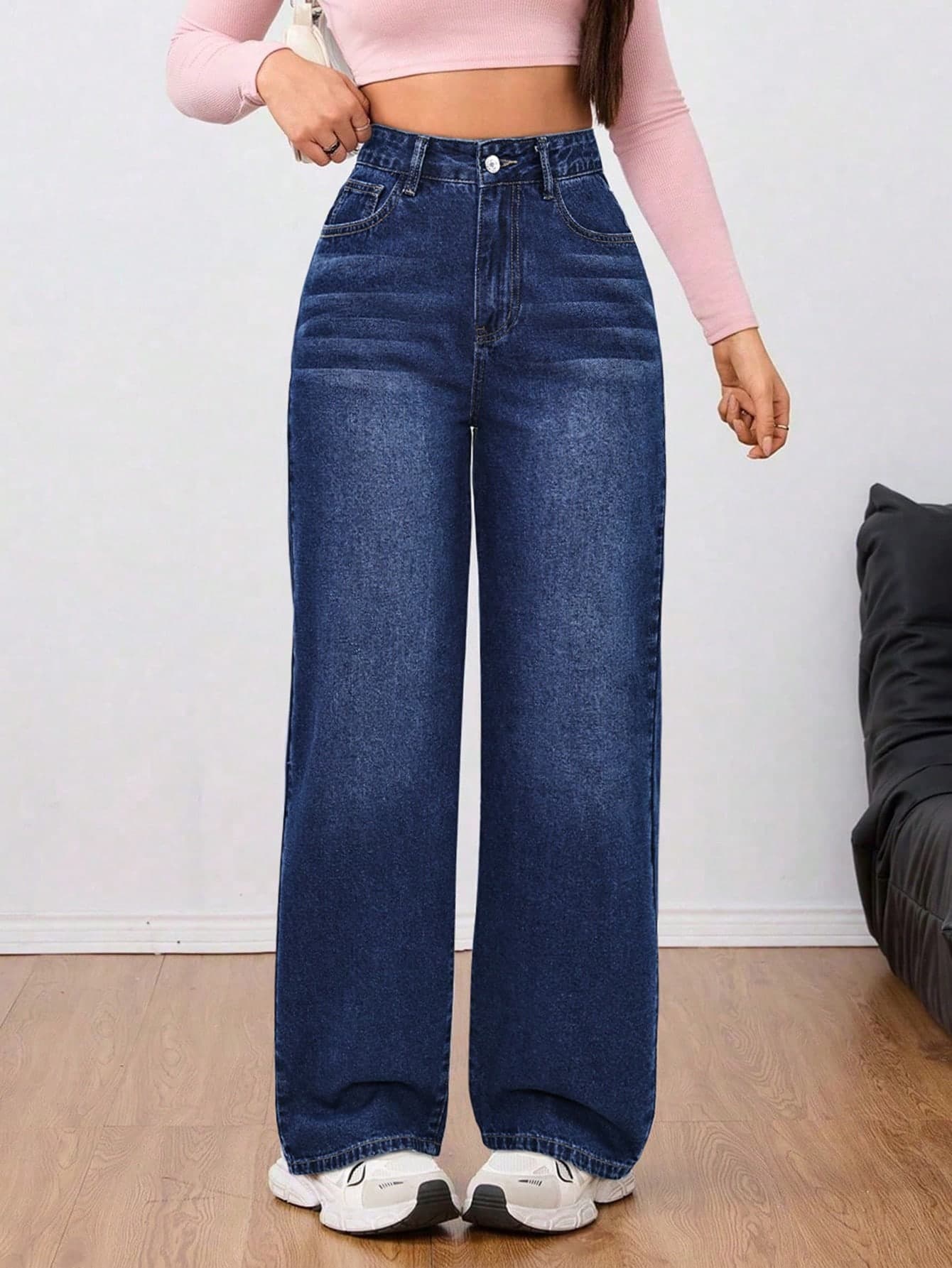 Flexra Plus Size Women Casual Fashionable Versatile Blue Denim Wide Leg Pants