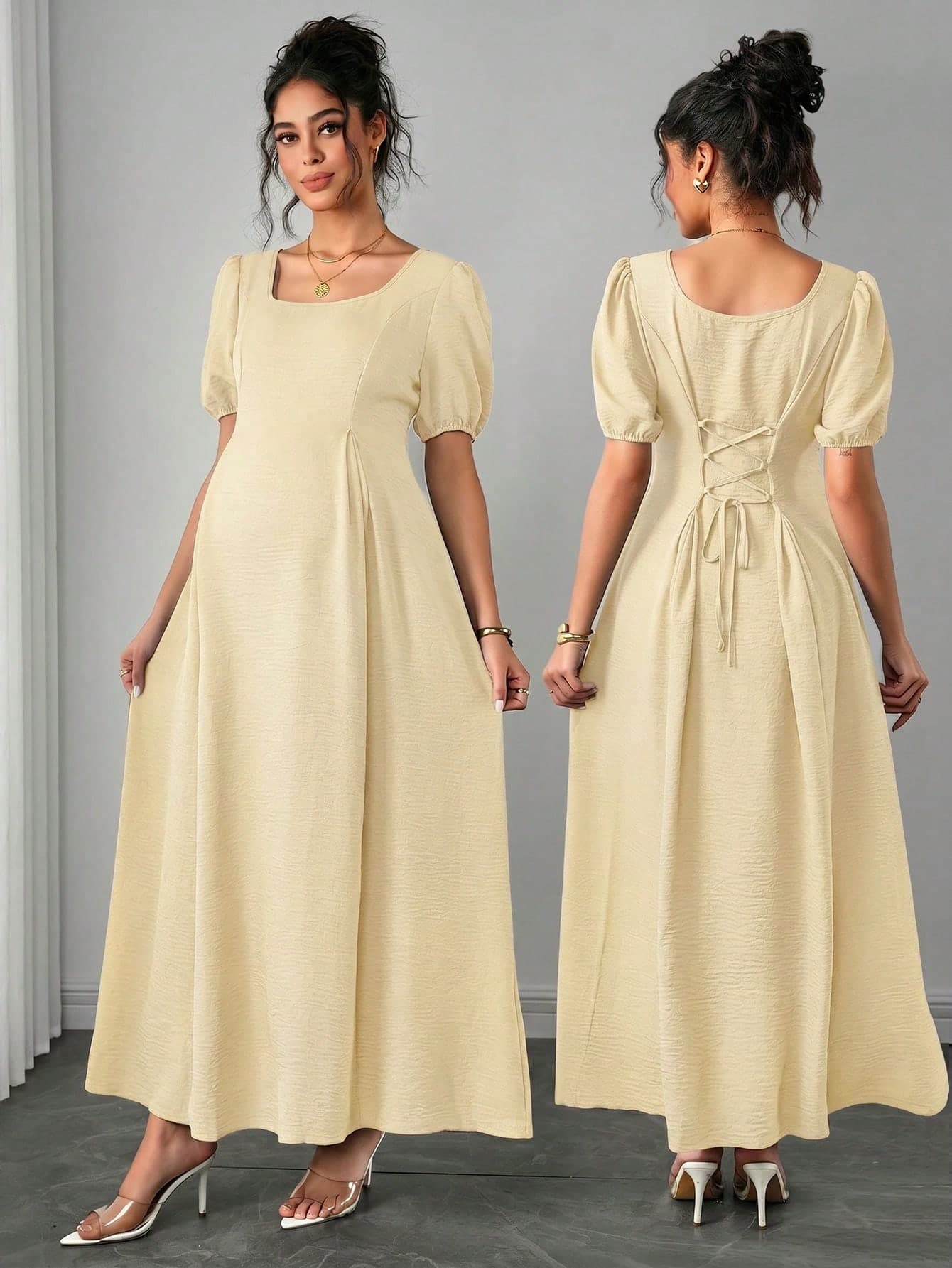 Momance Asymmetric Shoulder Ruched Waist A-Line Elegant Romantic Maternity Dress, Comfortable Baby Shower Summer