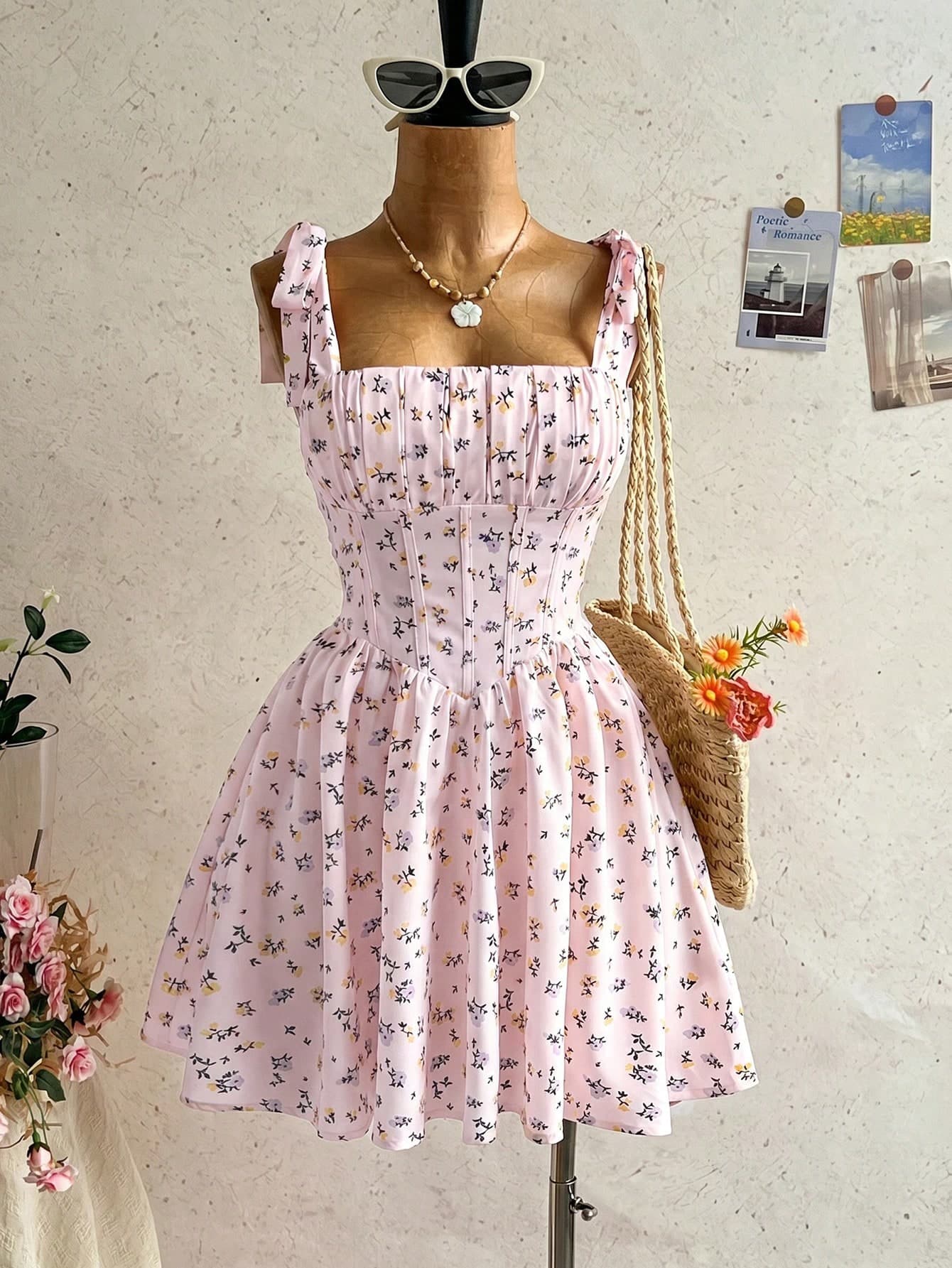 Soleia New Vacation Tie-Up Sweet Cute A-Line Princess Mini Dress, Bohemian, Boho, Romantic Floral, Vacation, Floral For Party, Date, Valentine's Day, Easter, Carnival, Afternoon Tea, Beach, Cruise, City Street Holiday