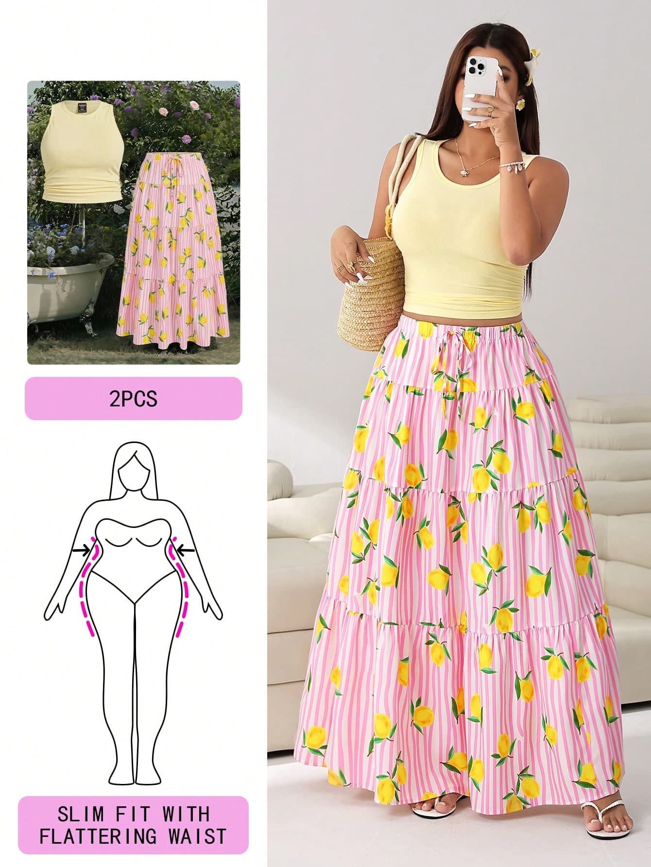 Solflare Plus Size Women Solid Color Round Neck Tank Top And Lemon Striped Print Maxi Skirt 2 Pieces Set
