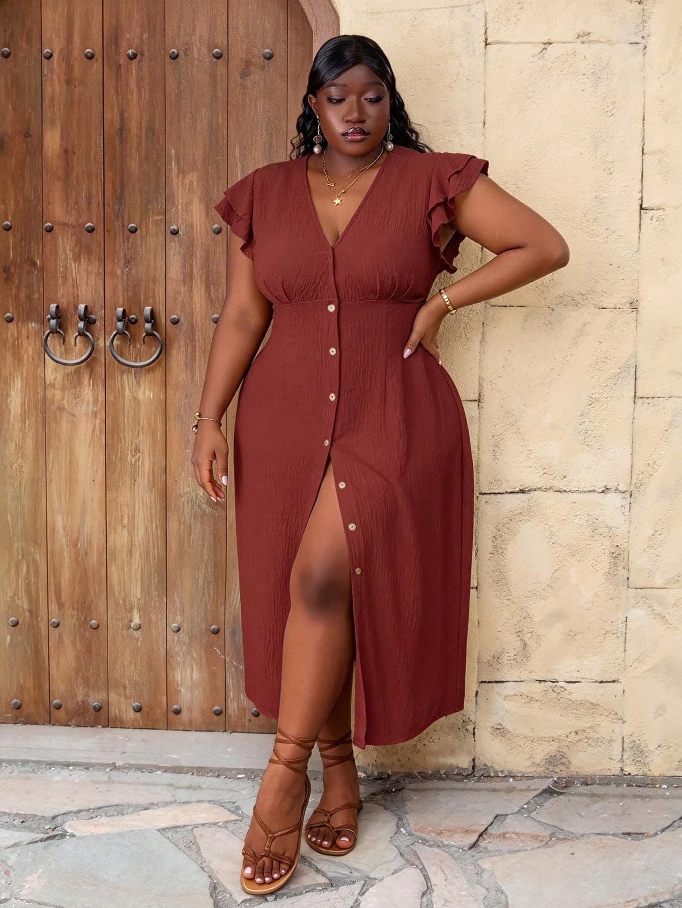 CurvyTilda Plus Size Elegant V-Neck Double Layer Cap Sleeve Vacation Dress, Holiday Outfits For Women Summer, For Hourglass Body Shape
