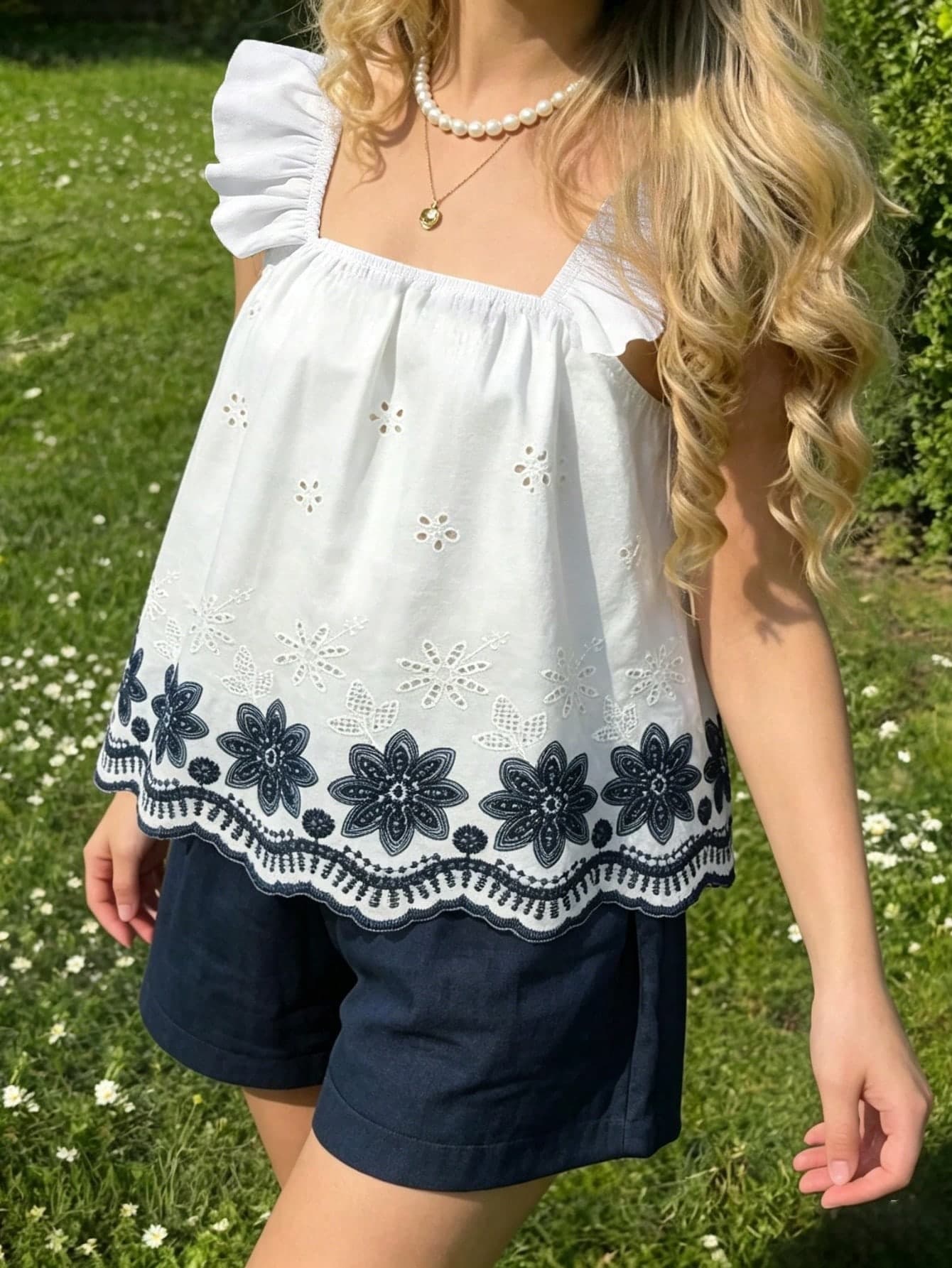SHEIN Teen Girls 2-Piece Set:Embroidered Hollow Top&High Waist Shorts,Green And White,Summer,Cute,Matching,Family Vacation,Holiday French Countryside Outfit