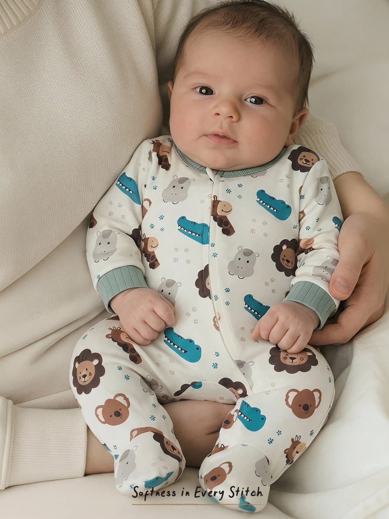 Cozy Pixies Newborn Baby Comfortable Soft Cartoon Print Zipper Long Sleeve Romper