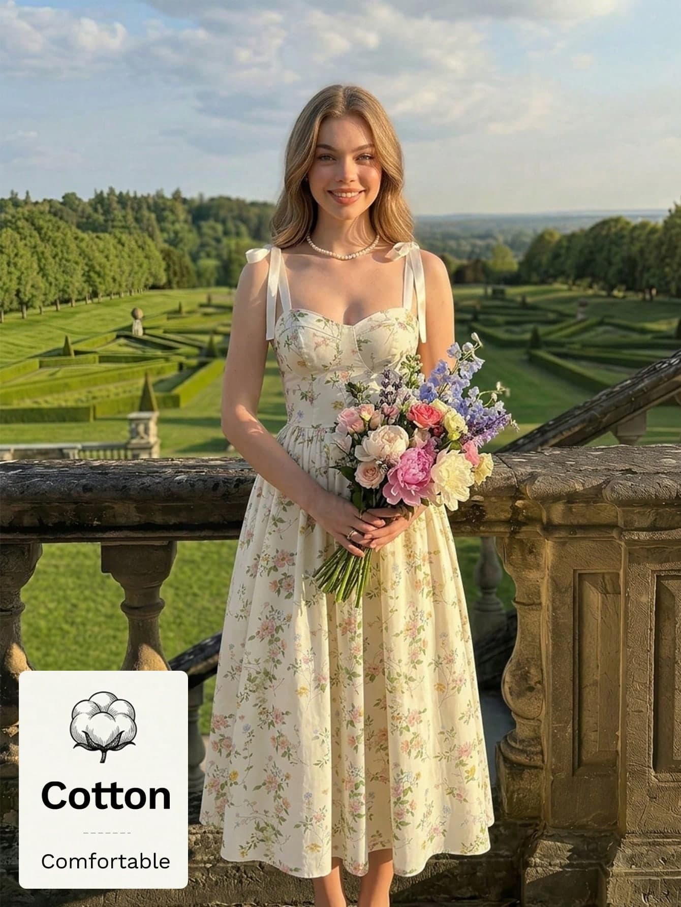 SHEIN MOD Woman Cotton  Floral Print Sweetheart Neck Sleeveless Maxi White Sweet Coquette Cottagecore Dress Vacation Easter Spring Summer