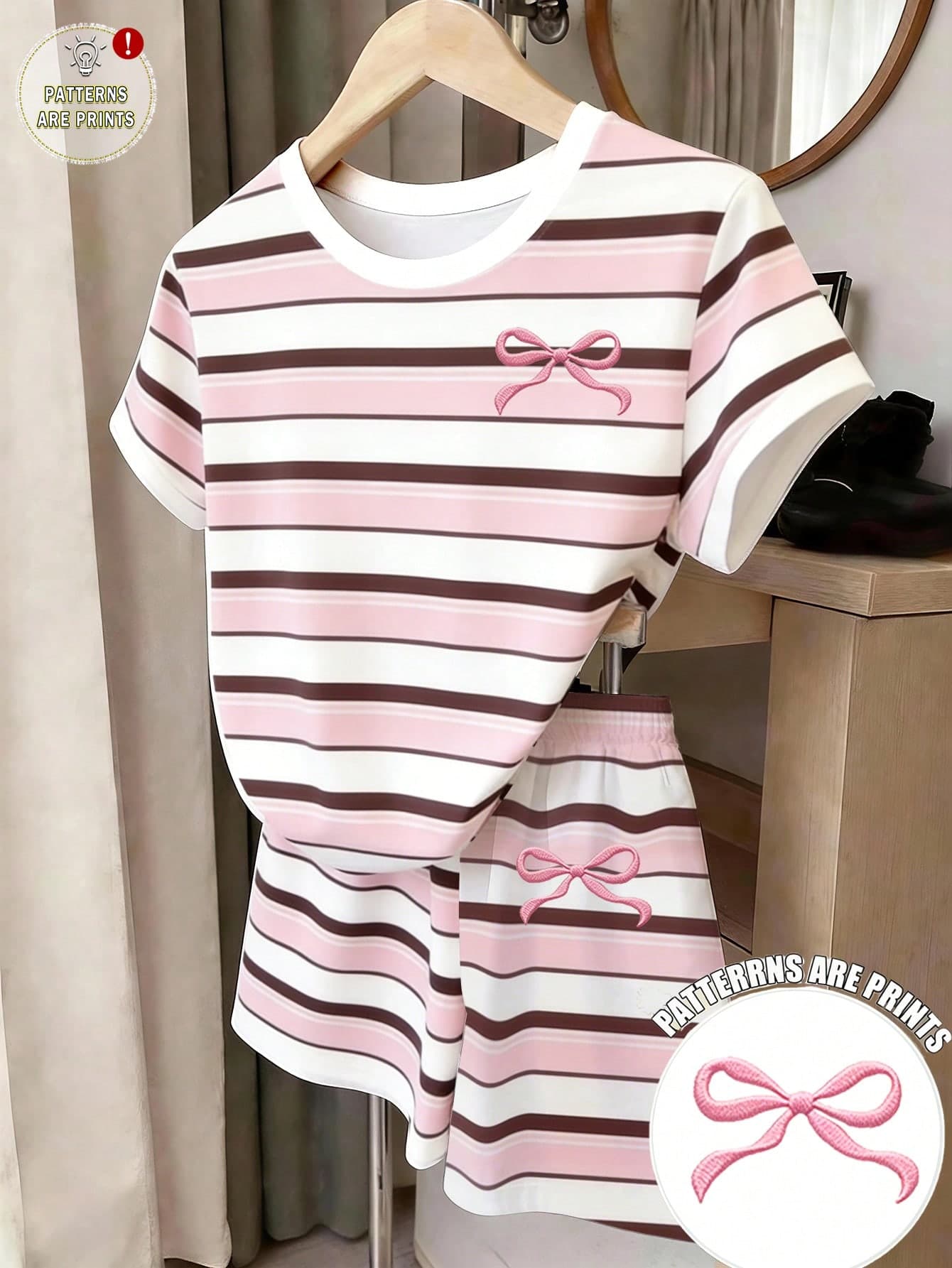 Pink And White Girls' Bow Print Ensemble, Summer Refreshing Casual Short Sleeve Dress Shorts, Teenage Vibe School