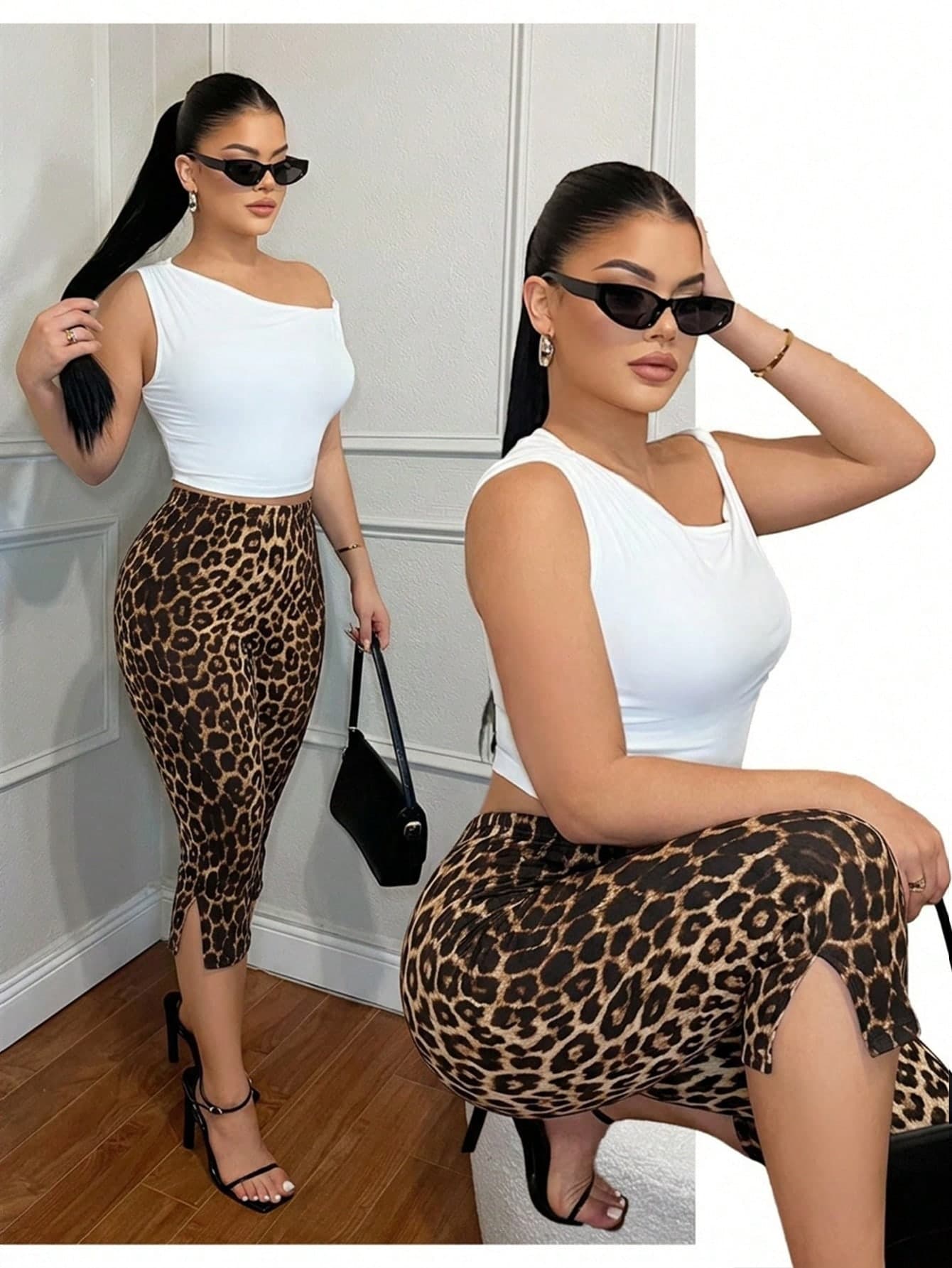 SHEIN SXY Plus Size Leopard Print Casual Sexy Split Hem Capris Leggings, Women's Casual Wear Holiday Brown Summer