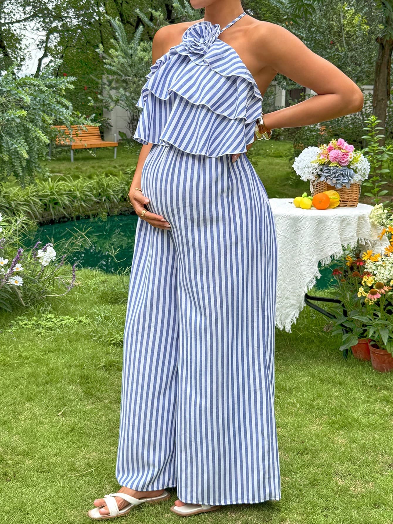 SHEIN Maternity Wear, Maternity Jumpsuits, Summer Blue Striped Jumpsuit, Comfortable Backless Halter Top, Perfect For A Vacation/Casual Look
