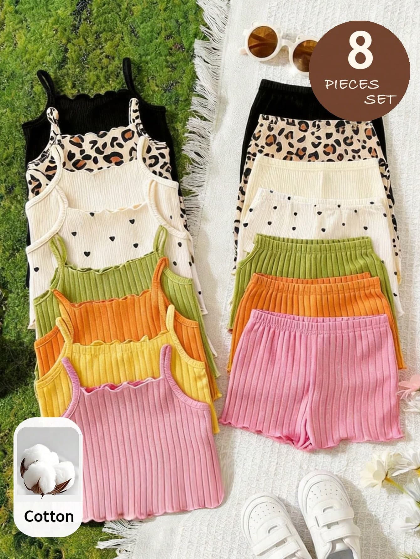 SHEIN LMoss Kids 8pcs Young Girl Knitted Camisole Top And Elastic Waist Shorts Set