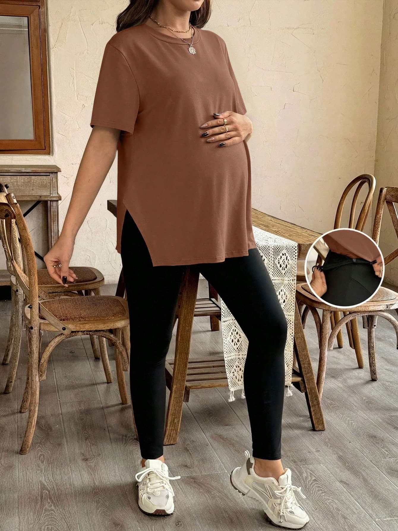 SHEIN Maternity Spring Summer Autumn Casual Daily Commute Photoshoot Short Sleeve Split Hem T-Shirt And Adjustable Waist Tight Long Pants Set