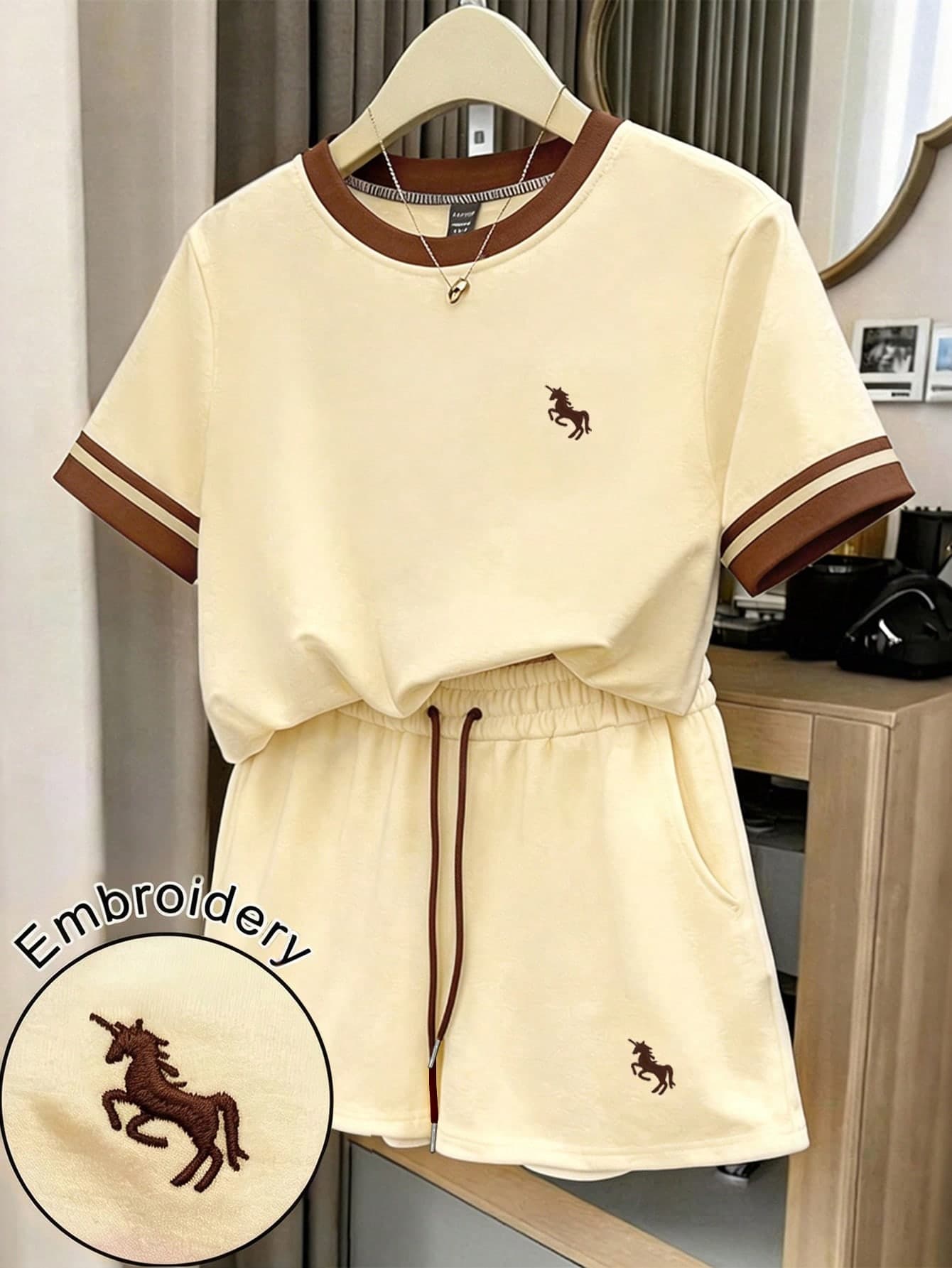 GlowEve Women's Brown And Cream Summer Casual School Back-To-School Embroidered Contrast Stripe Round Neck Loose T-Shirt & Drawstring Shorts 2-Piece Set