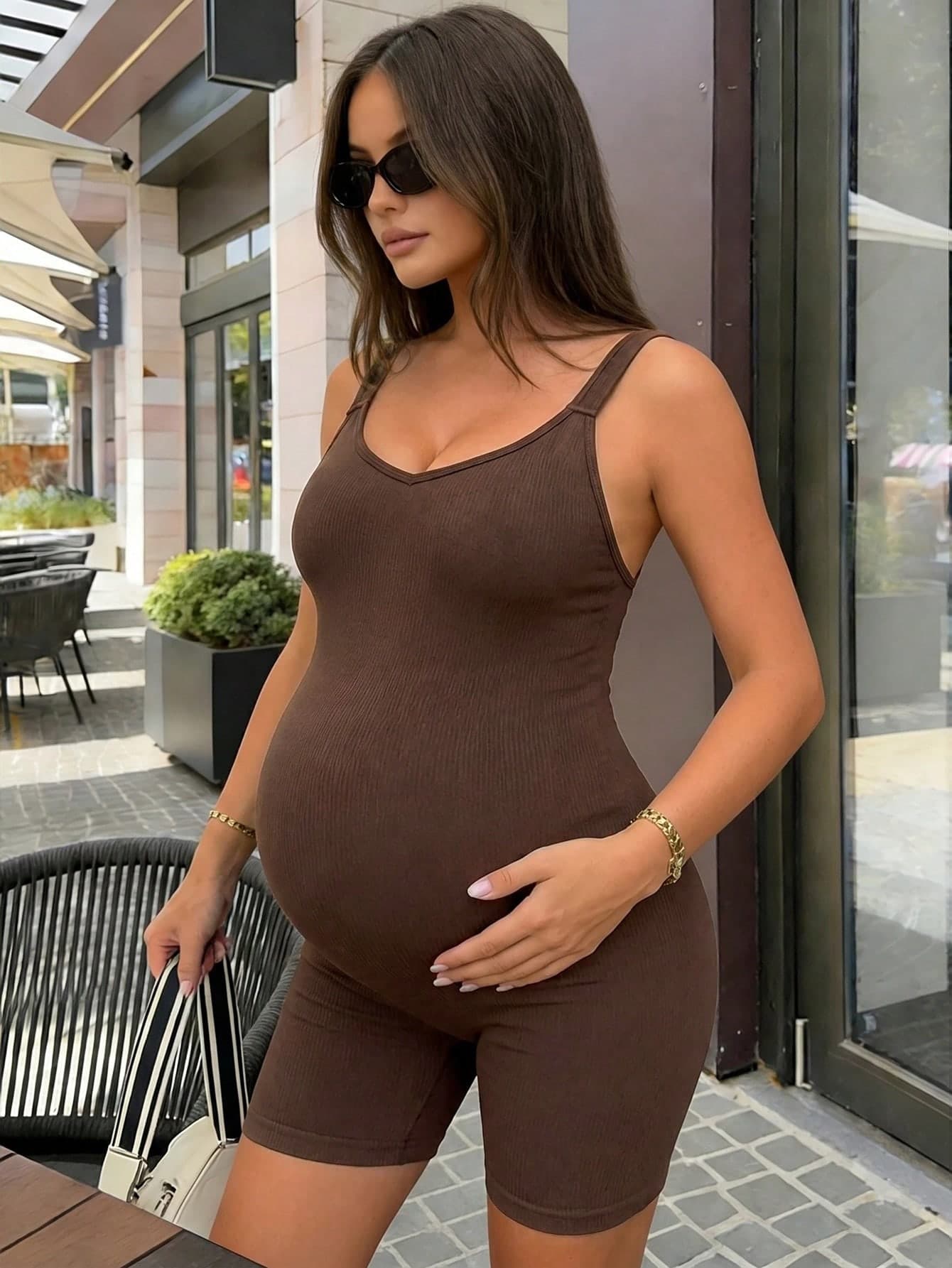 SHEIN Maternity Summer Solid Color Minimalist Stretchy Breathable Criss-Cross Back Sports Romper