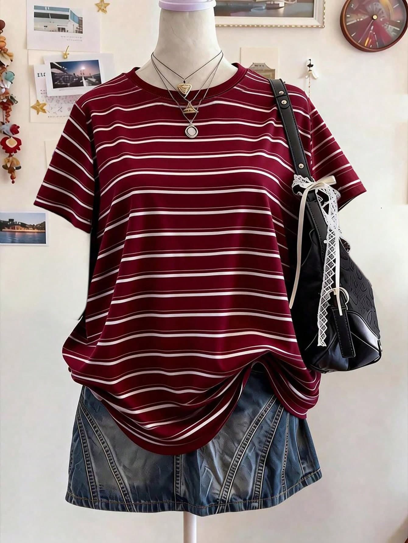Teen Girls' Burgundy Striped Print Short Sleeve Top,Y2k Retro American Style Summer Holiday Back-To-School Fashion Casual Comfortable School Gifts