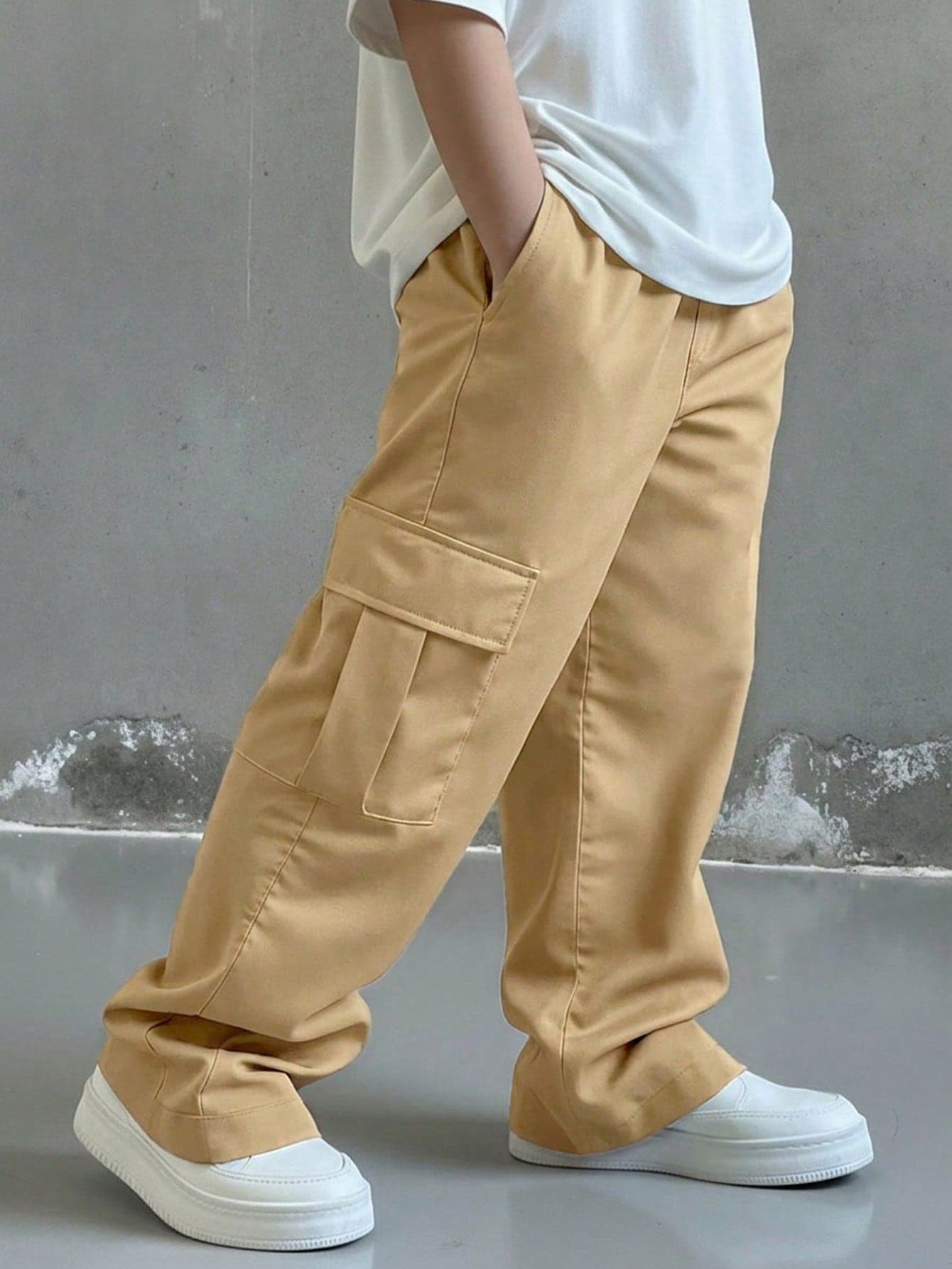 Kids Tween Boy Casual Daily Comfortable Cargo Pocket Straight Leg Loose Long Pants, Khaki Cargo Pants, New Year, Six Seven Suitable For Outings, Dates, School, Spring, Summer, Fall, Winter Seasons
