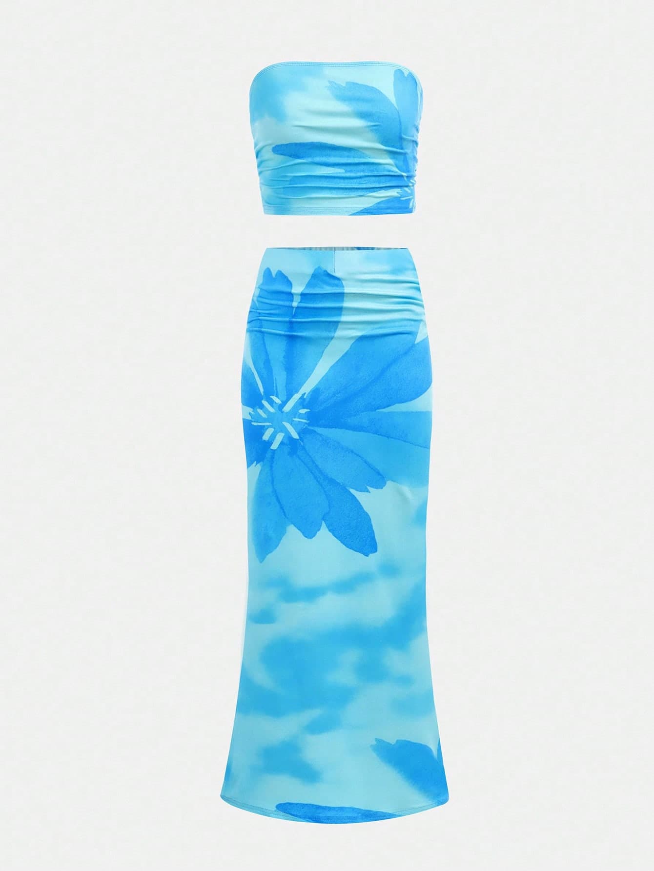 Tween Girl Fitted Casual Minimalist Comfortable Tie Dye Floral Print Cropped Tube Top And Bodycon Skirt Set