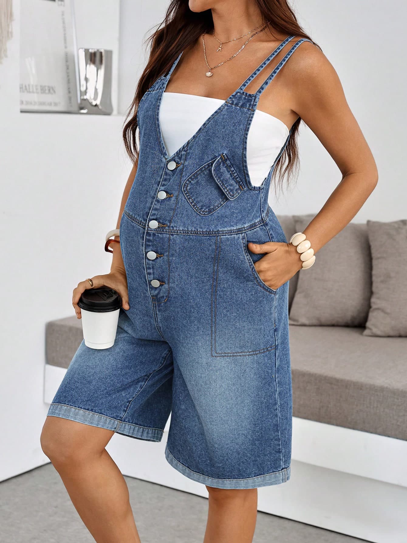 SHEIN Maternity Autumn Casual Business Casual Denim Overalls Festival Party Beach Wedding Graduation Going Out Elegant Vacation