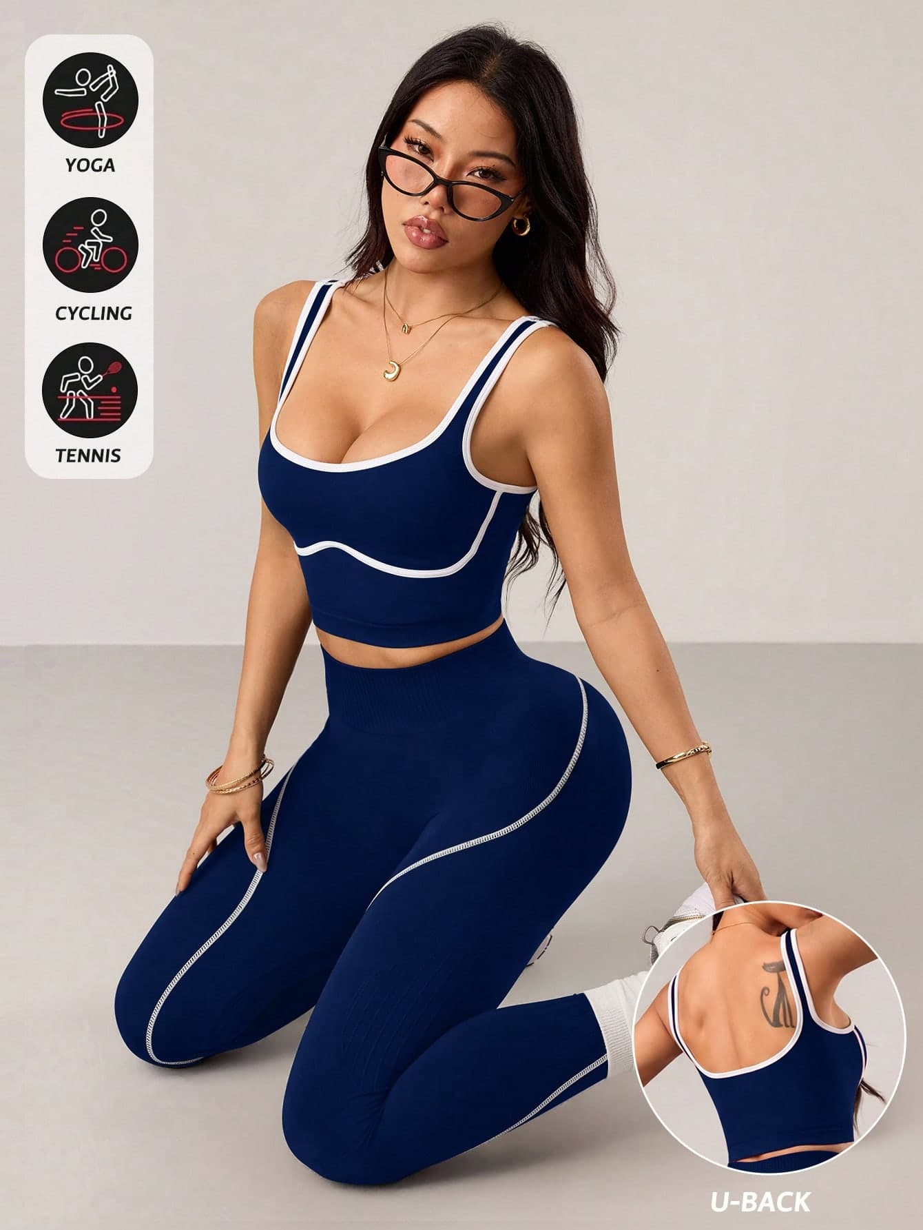 Dewbera Dewbera 2pcs Women's Black Seamless Tight Yoga Fitness Vest And High Waist Contrast Color Workout Leggings Set
