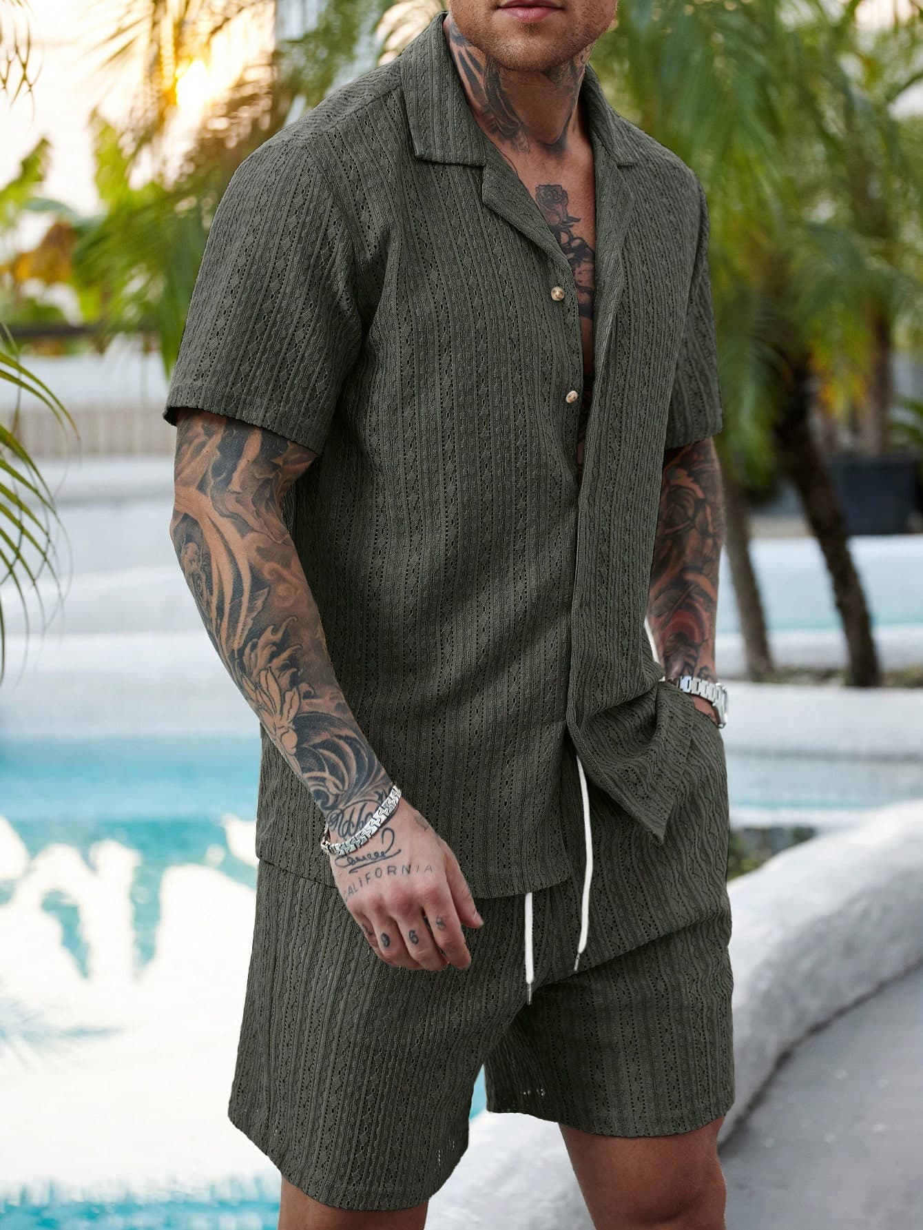 VENTUSAIL 2 Pcs/Set Men's Olive Green Summer Casual Vacation Holiday Knitted Hollow Button-Down Shirt And Shorts Set,Resort Wear Linen Two Pieces Walking Suit
