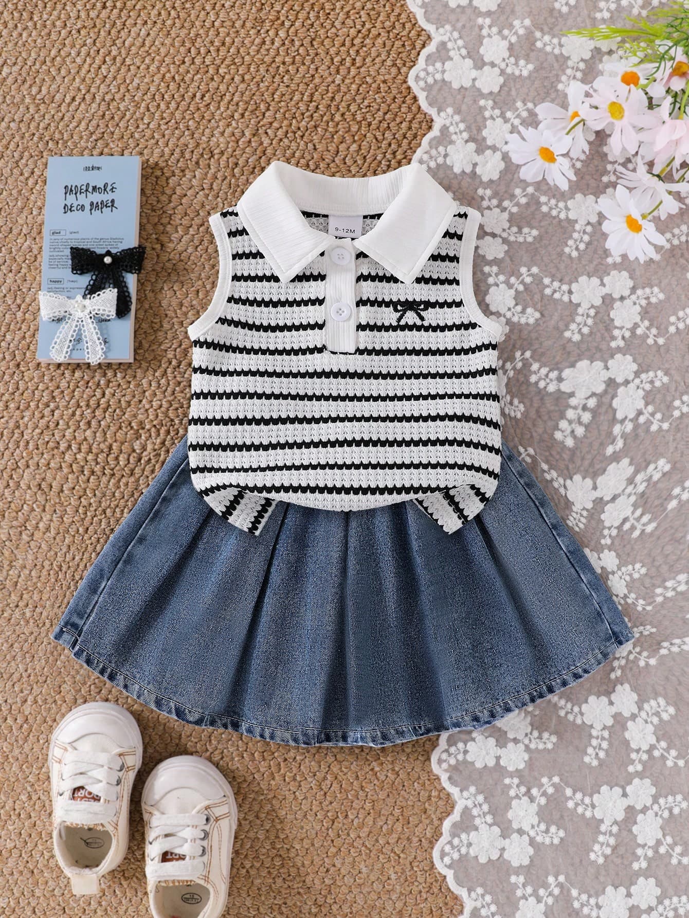 Vintaside Kids Baby Girls' Short Sleeve Sleeveless Set Black And White Striped Blue Top + Denim Skirt. Polo Collar Ribbed Knit Top Bow Decor, Denim Skirt Graduation