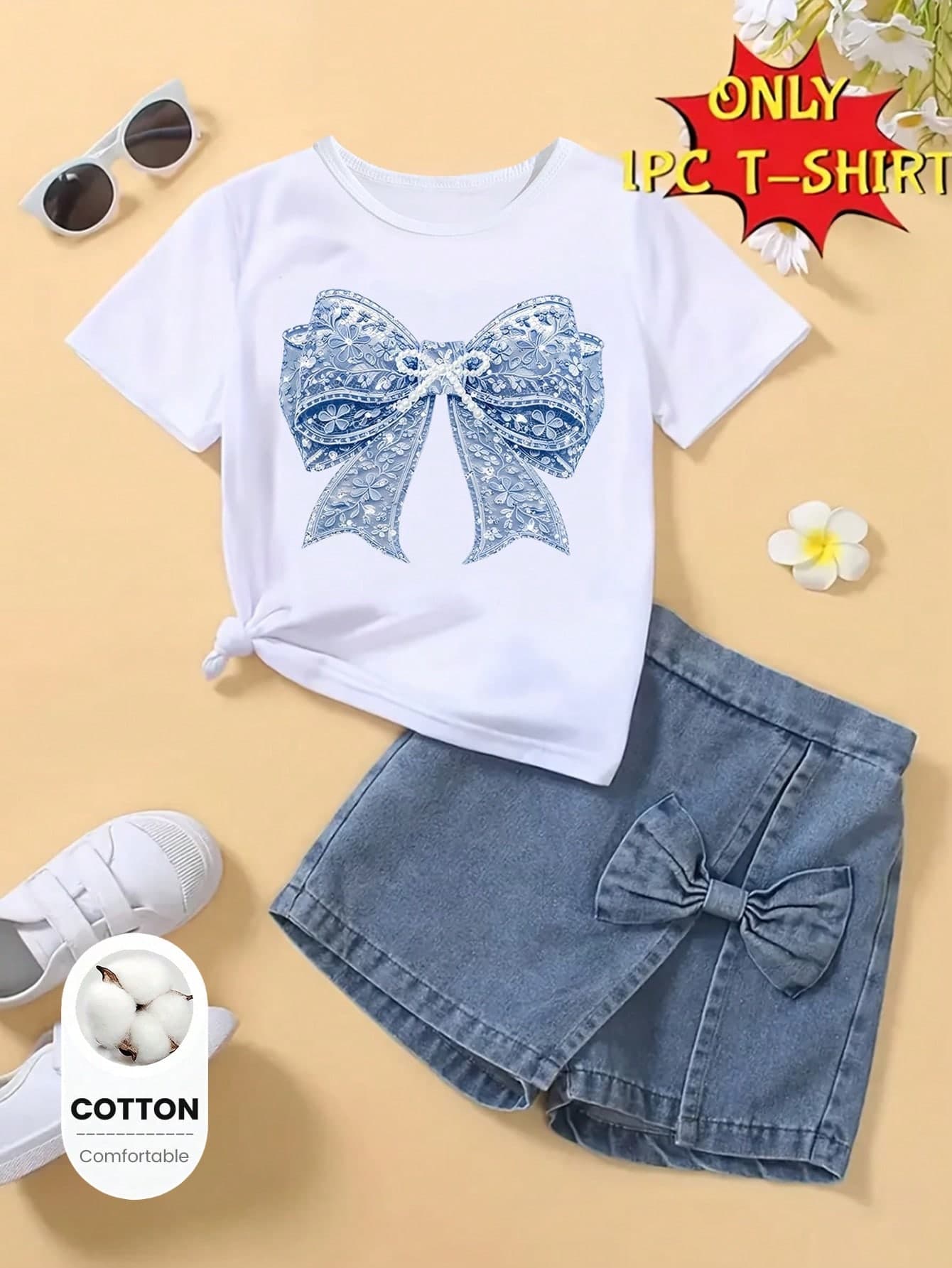 Spring And Summer Clothes, Spring, Summer, Autumn Young Girl Casual Fashion Creative Personalized Minimalist Cute Fresh Floral Pattern Blue And White Bow Shape Print Basic White Cotton Short T-Shirt, Comfortable Daily Wear, Cozy Summer And Fall Styles, Suitable For Spring, Summer, Autumn Young Girl Atmospheric Outfits, Tops