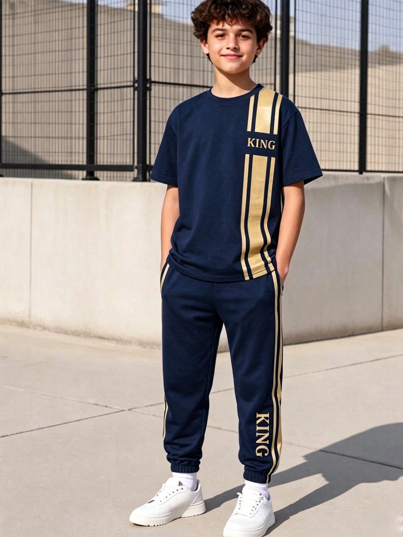 2pcs Boys' Casual Minimalist White Line Webbing Chest Pocket Design Fashion Short Sleeve Black T-Shirt & Knitted Sports Cuffed Long Pants Set Vacaura Boy Summer Outfit