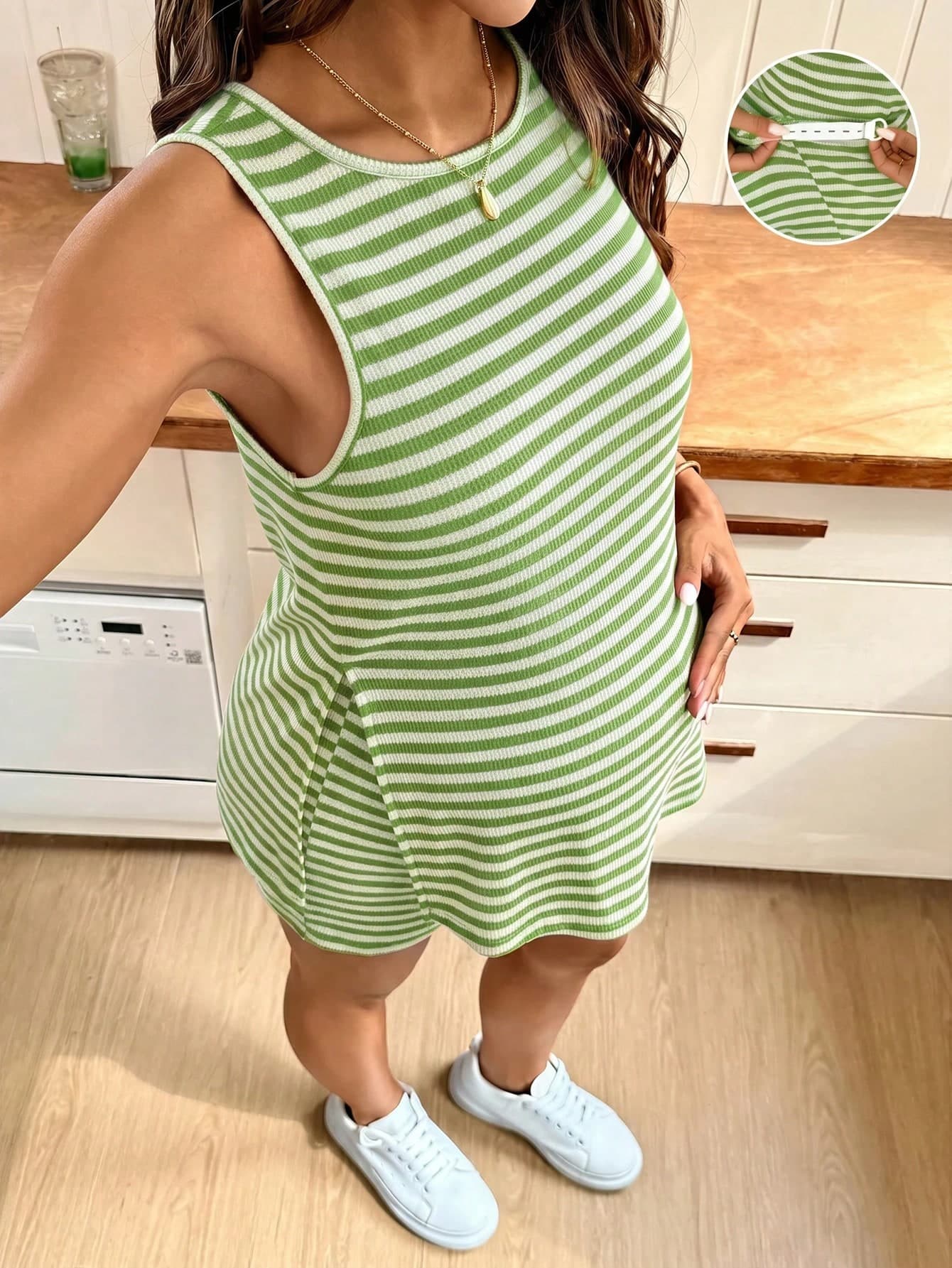 SHEIN Maternity Striped Round Neck Side Slit Hem Tank Top And Adjustable Waist Shorts 2 Pieces Set