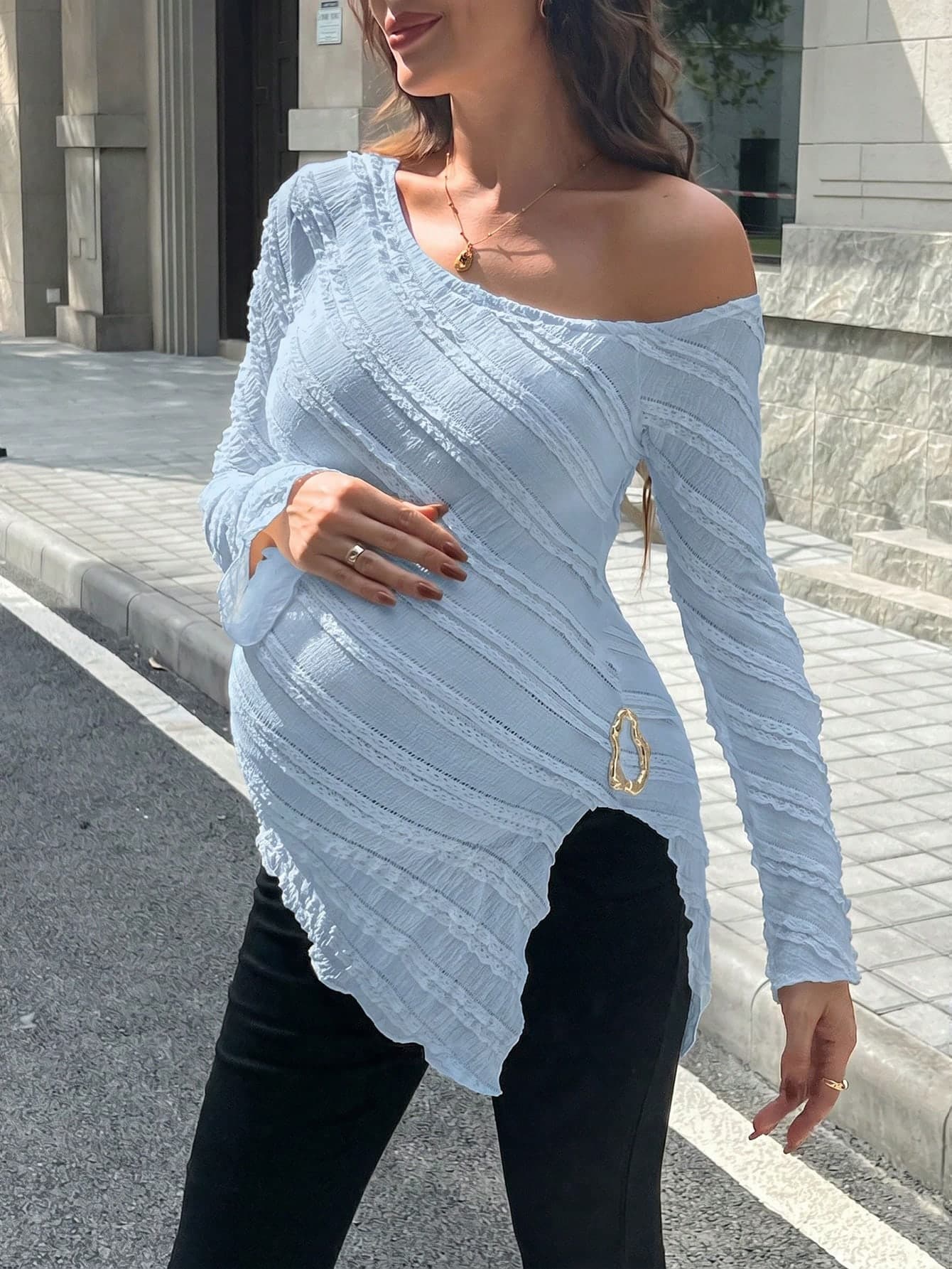 SHEIN Maternity Asymmetric Long Flare Sleeve Asymmetrical Hem Decorative Button Fitted Jacquard Knit T-Shirt Maternity Photoshoot Light Blue Summer Casual