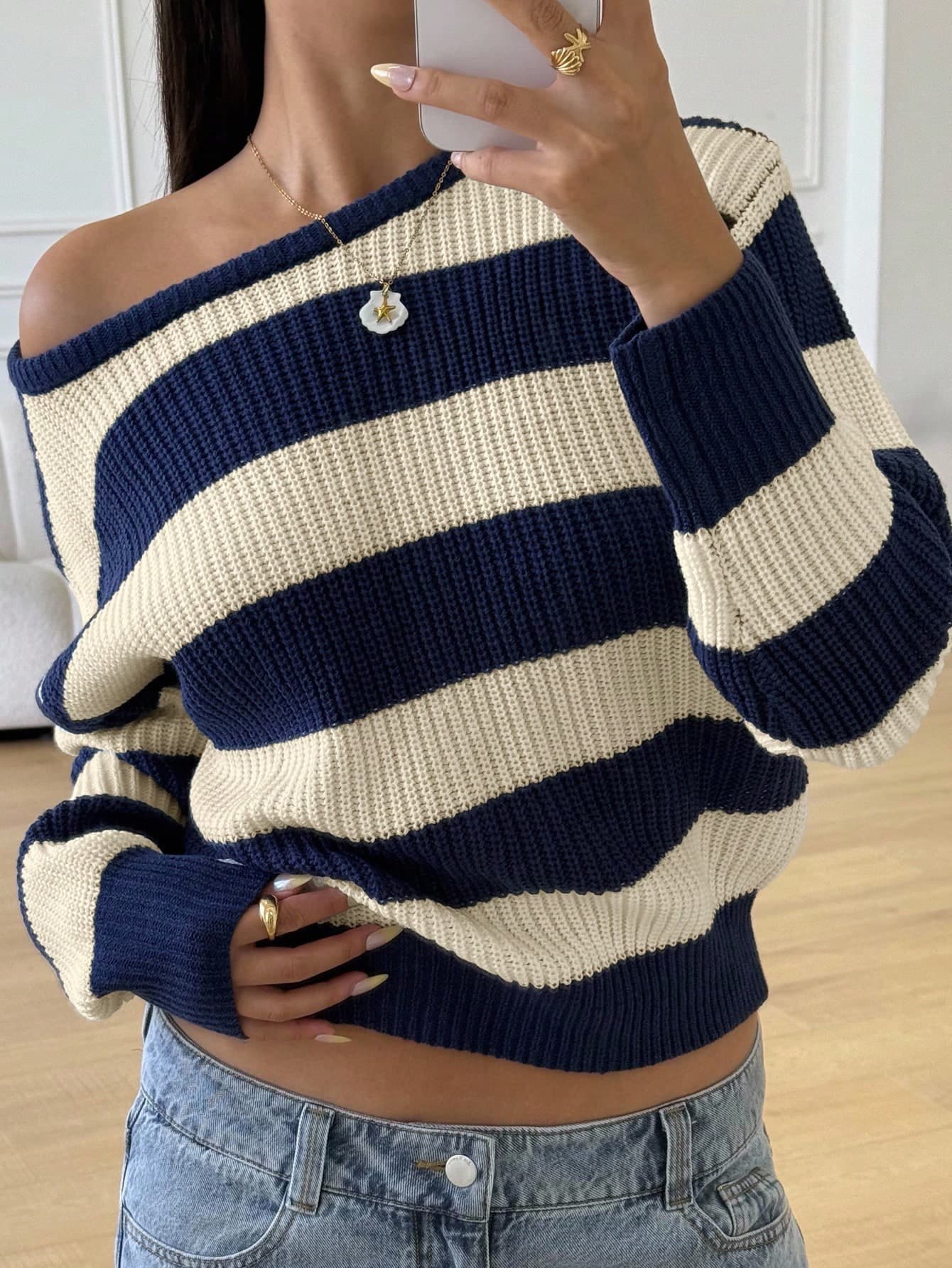 SHEIN Teen Girls Casual Striped Knit Sweater, Minimalist Fashion, Suitable For Daily Wear, Autumn/Winter