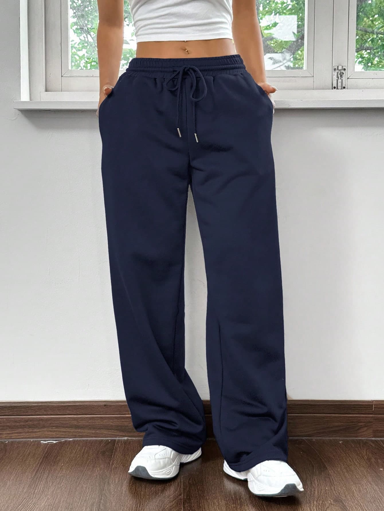 SHEIN EZwear Women's Knitted Casual Sporty Style, Navy Blue And White Striped Letter Print Drawstring Wide-Leg Sweatpants