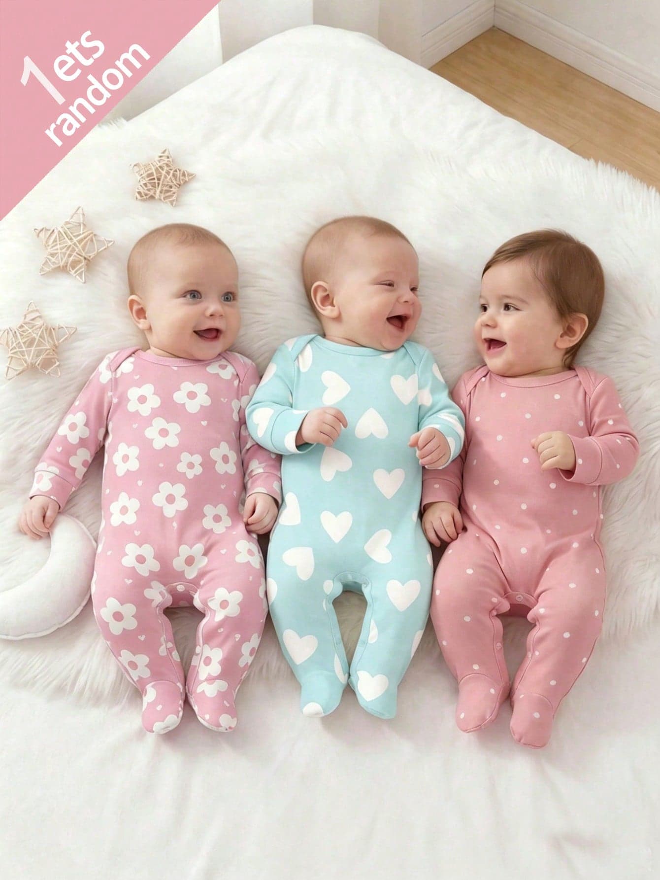 SHEIN [1 Set Random] 1 Set Newborn Baby Long Sleeve & Long Pants Footed Pajamas Soft Knit Pink Floral Blue Heart Polka Dot Print Spring Homewear