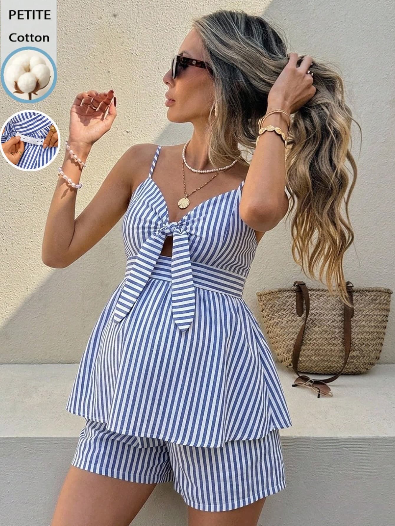 SHEIN 2pcs Maternity Vacation Striped Tie Front Camisole And Adjustable Waist Shorts Set