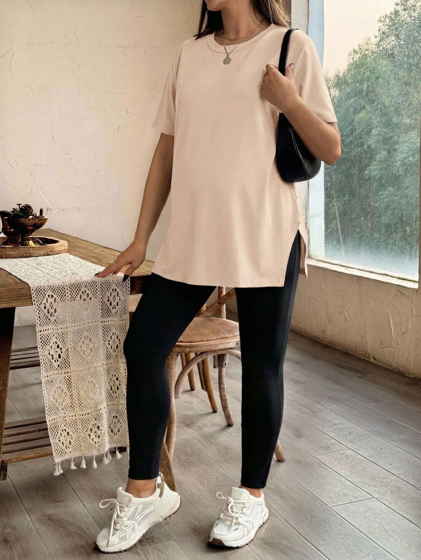 SHEIN Maternity Spring/Summer/Autumn Casual Daily Commute Short Sleeve Split Hem T-Shirt And Adjustable Waist Skinny Long Pants Set