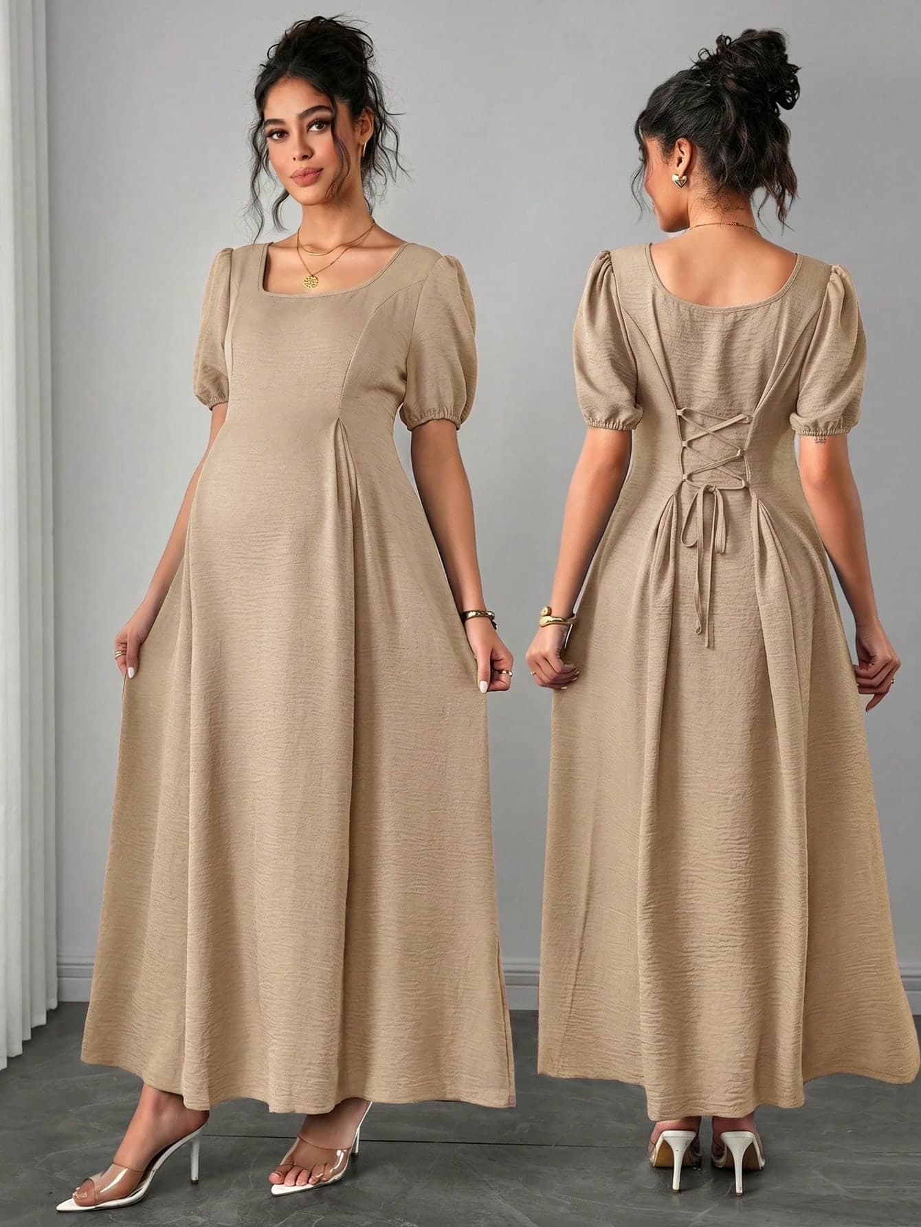 Momance Asymmetric Shoulder Ruched Waist A-Line Elegant Maternity Romantic Maternity Dress, Comfortable Photoshoot Summer