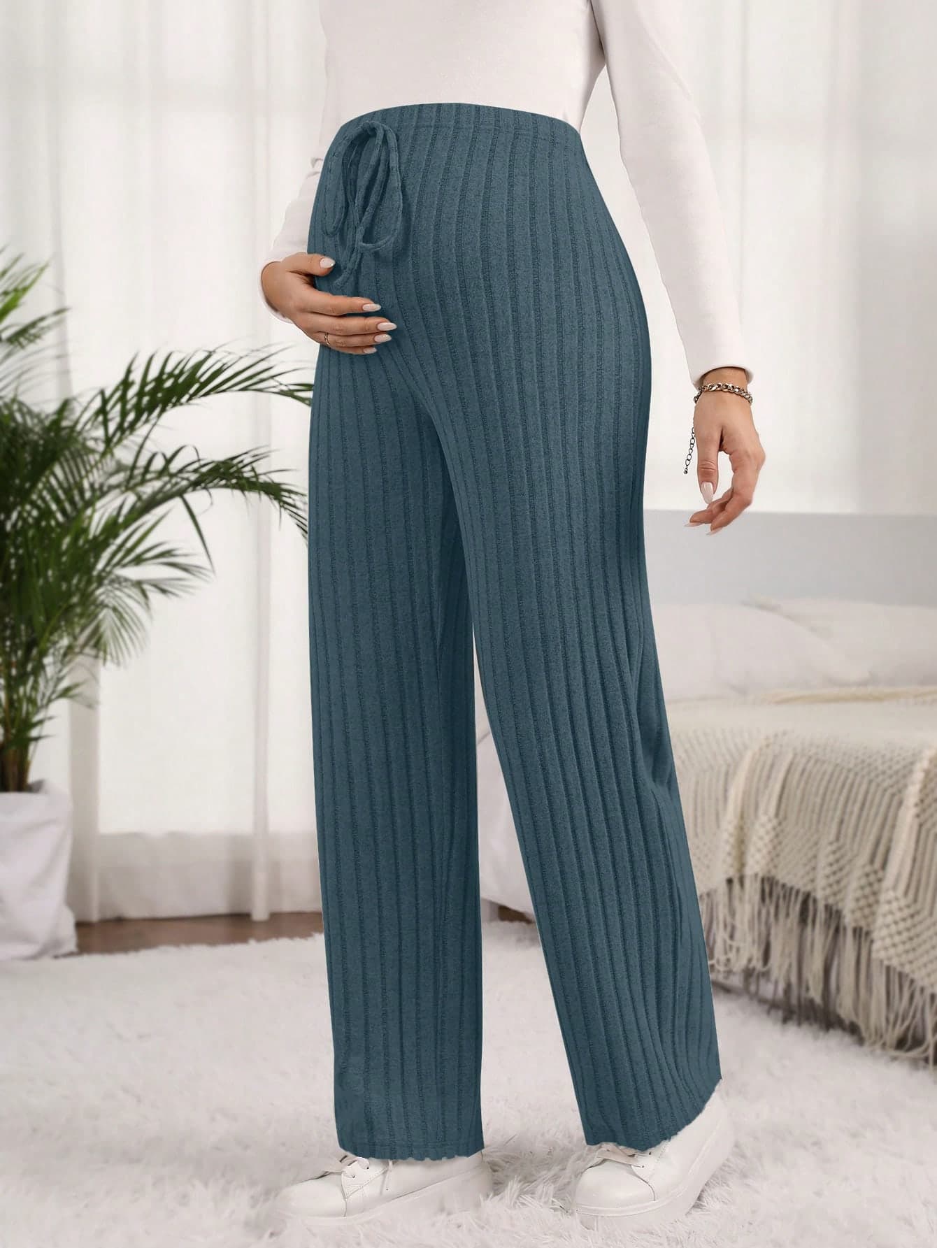 SHEIN Maternity Casual Lounge Versatile Solid Color Straight Leg Pants Baby Blue Autumn