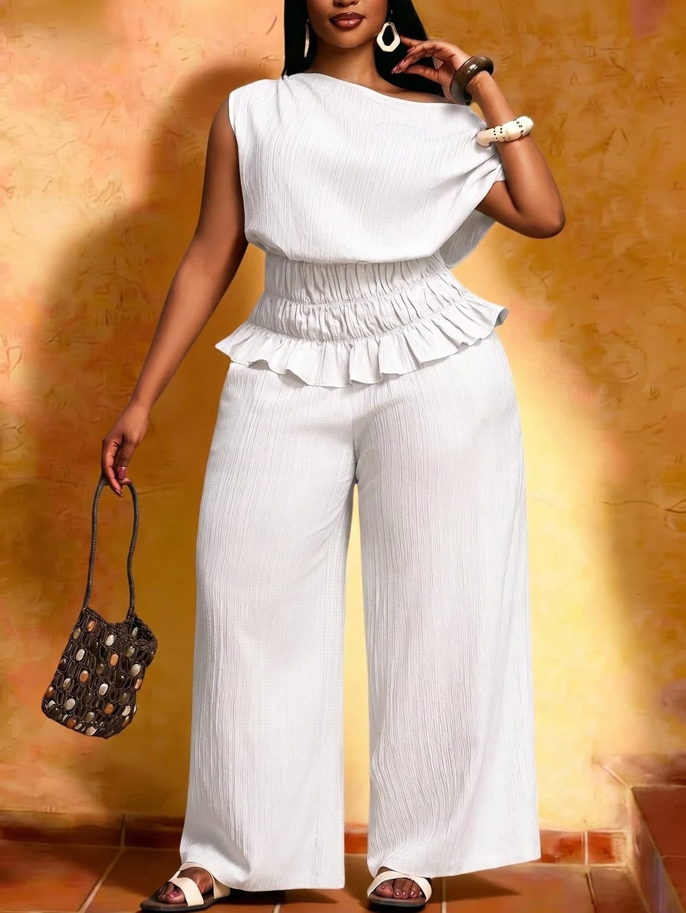 Veslaya Plus Size Women's All All White Summer Boho Casual Beach Vacation Wedding Guest Formal Holiday, Elegant Top Wide-Leg Pants 2-Piece Set Party, Cruise