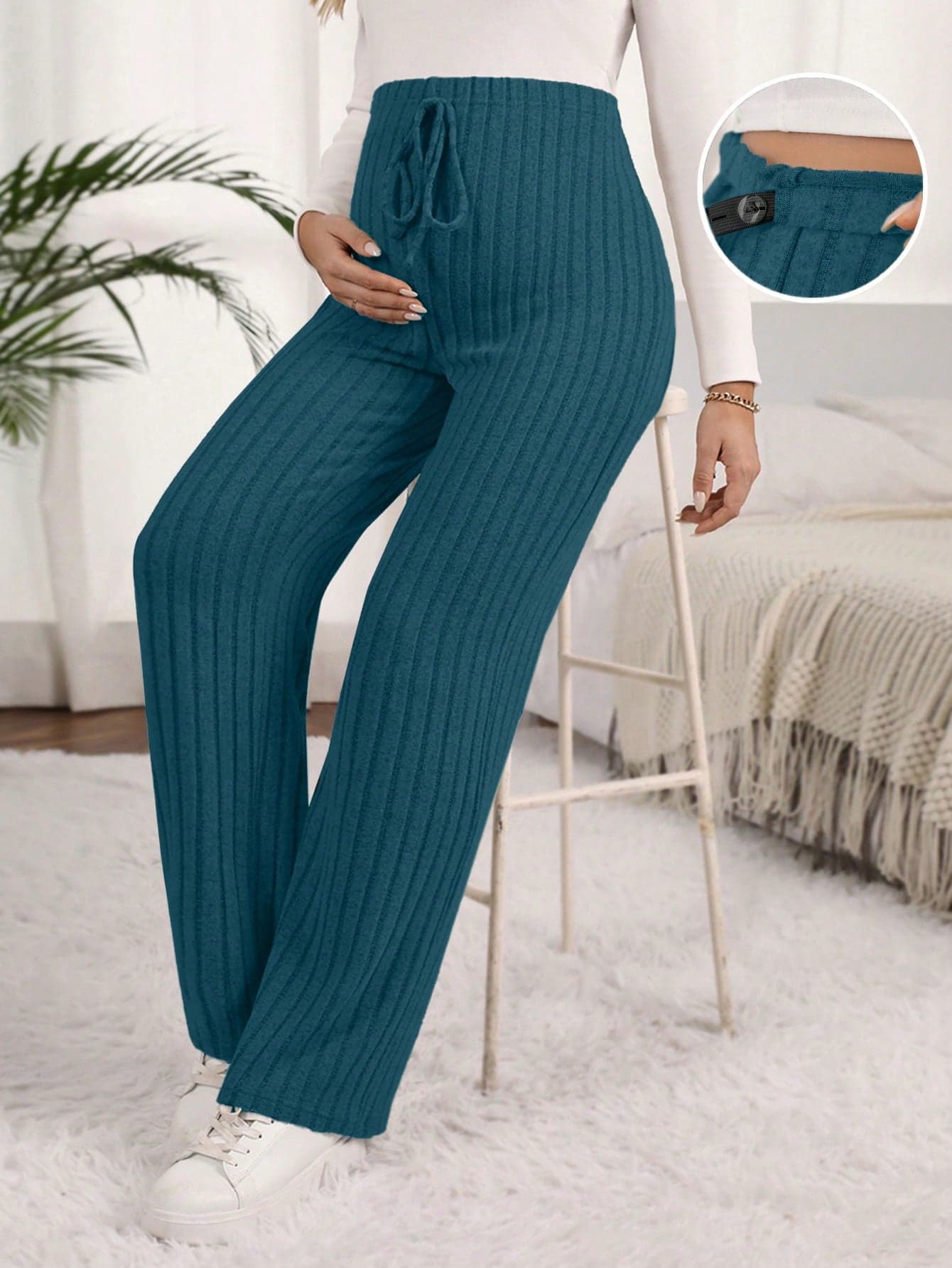 SHEIN Maternity Casual Versatile Solid Color Straight Leg Pants Lounge Autumn Gender Reveal Dusty Blue