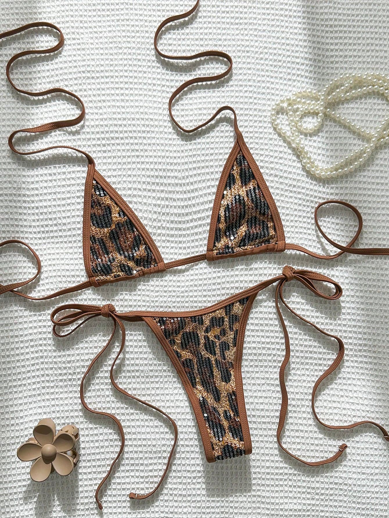 Swim SXY 2pcs/Set Sequin Animal Print Textured Fabric Triangle Cup Bra And Side Tie Swim Bottoms Sexy Bikini Set, Spring/Summer