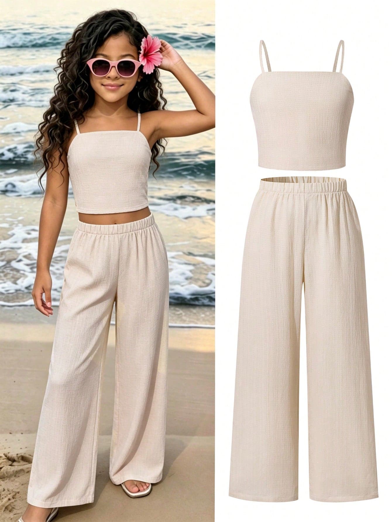 SHEIN Tween Girls Vacation Bohemian Totem Floral Camisole Top + Loose Straight Leg Pants Woven Vest Set, Suitable For Travel, Vacation And Daily Wear, Summer