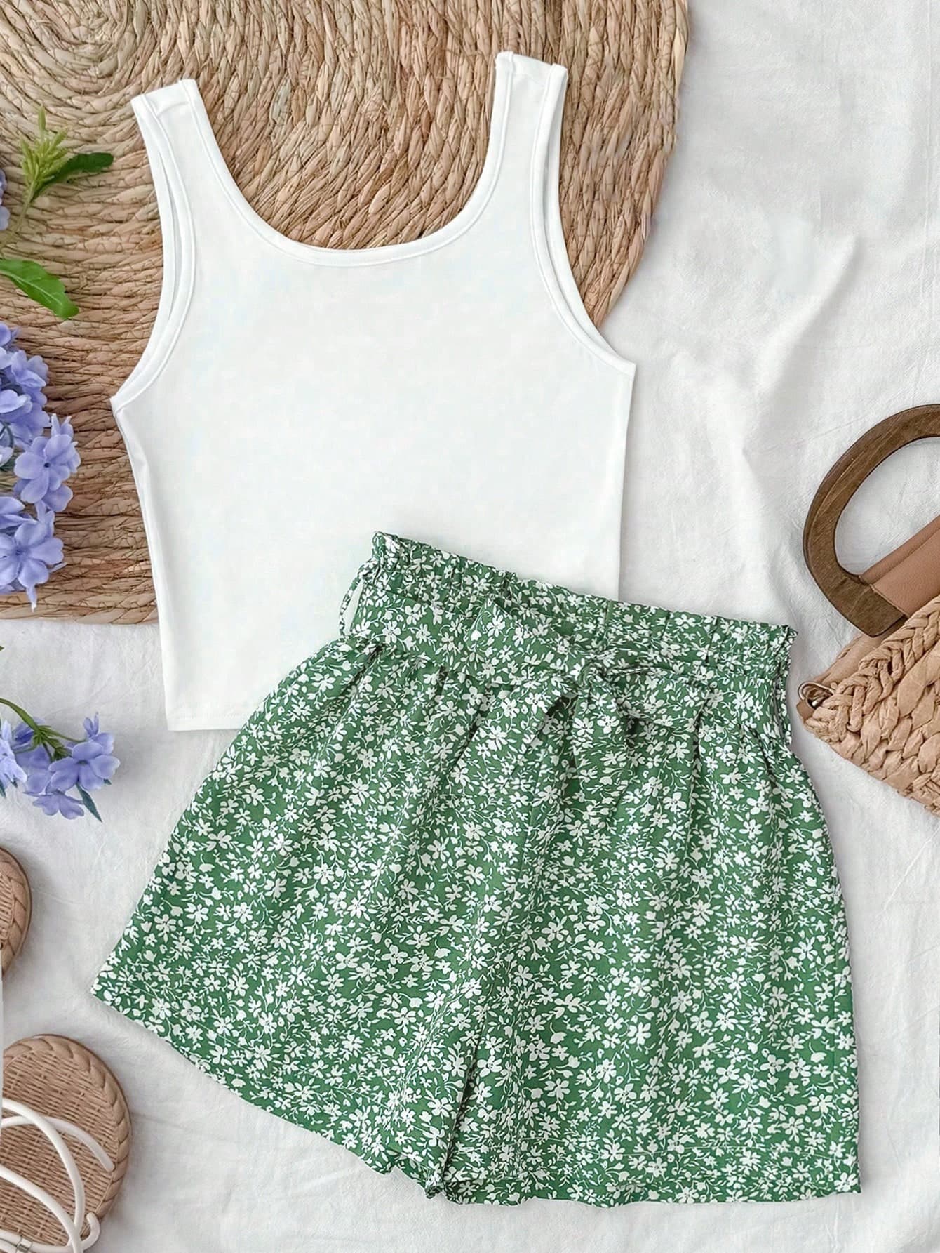 SHEIN Kids Tween Girl Summer Casual Vacation White Tank Top & Ditsy Floral Print Paper Bag Shorts 2pcs Set