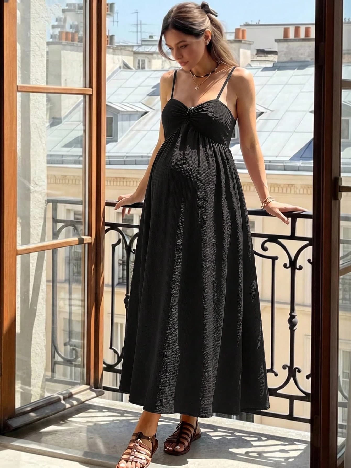 SHEIN Pregnant Women's Summer Elegant Solid Color Versatile Spaghetti Strap Dress