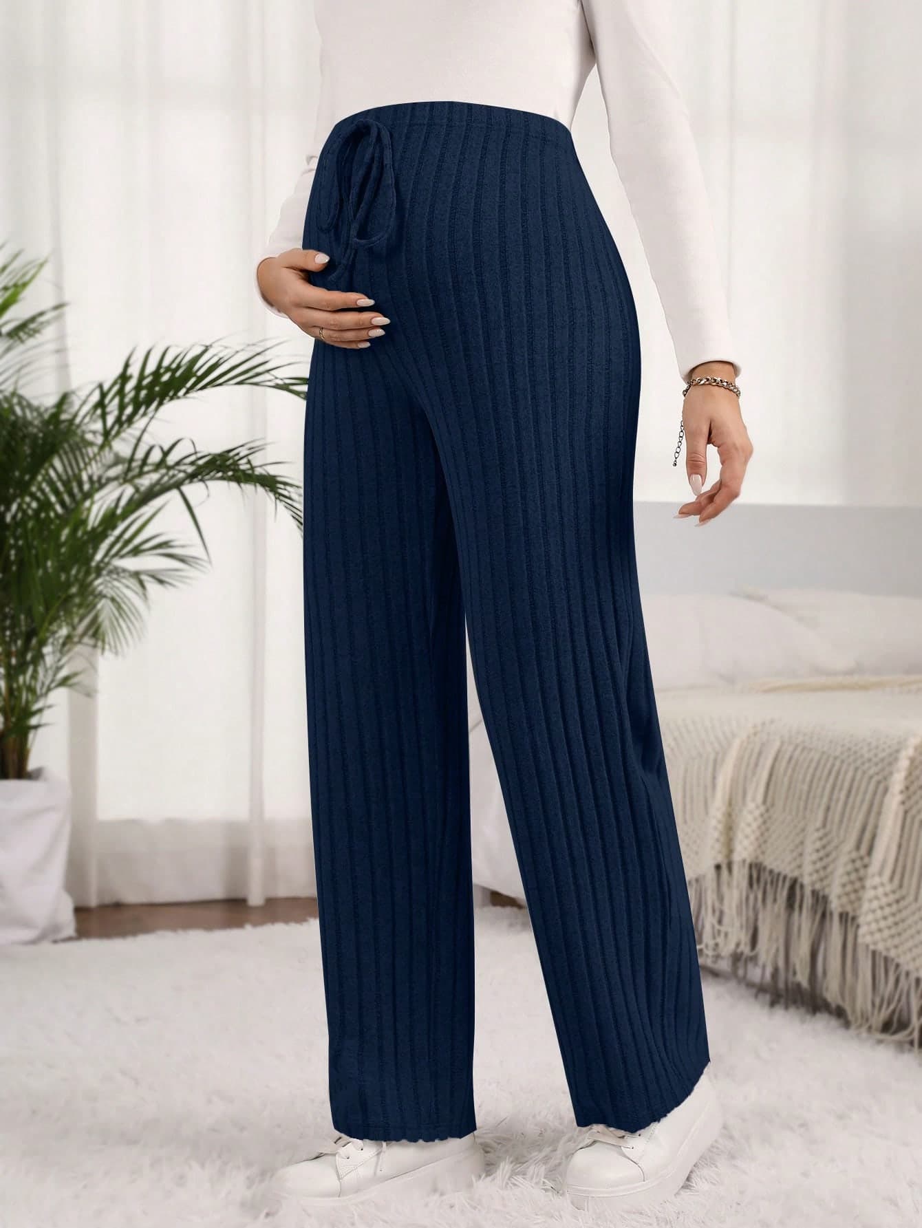 SHEIN Maternity Casual Maternity Versatile Solid Color Straight Leg Pants Photoshoot Navy Blue Autumn
