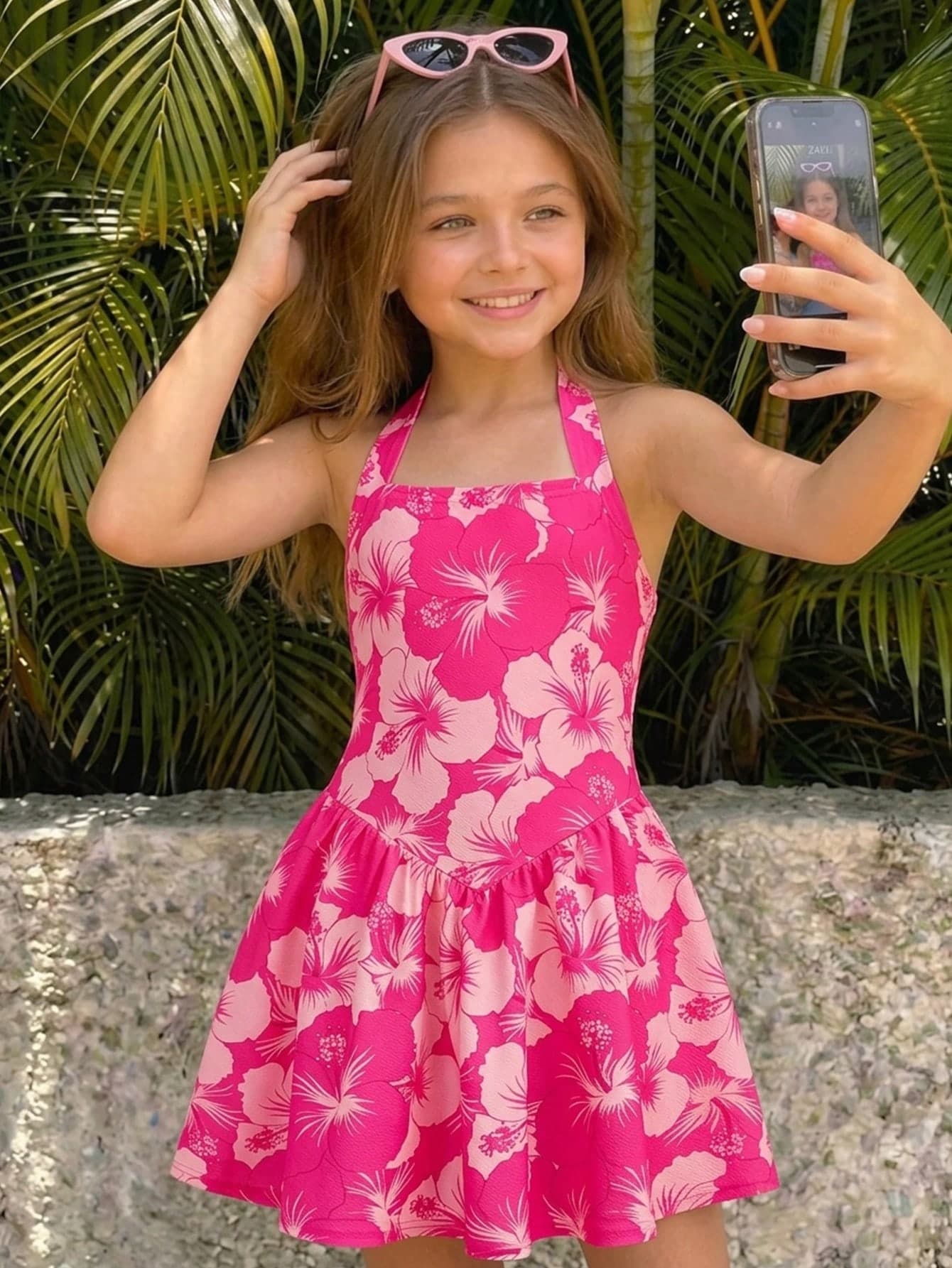 Tween Girl Casual Tropical Print Fuchsia Halter Neck Vacation Dress