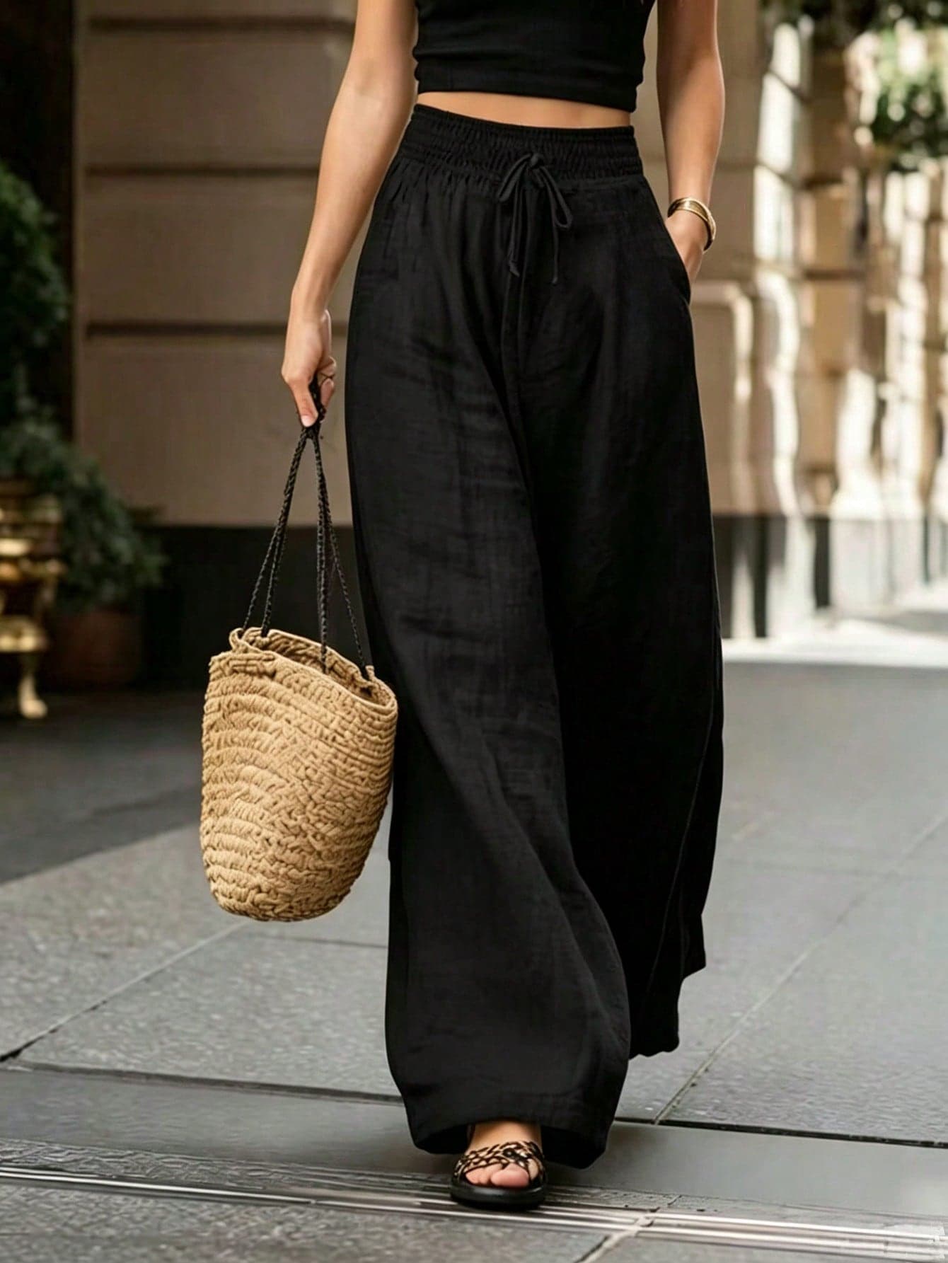 Breezaya Women's Black Summer Casual Loose High Waist Wide Leg Solid Color Pants, Elegant Fashion For Vacation, Holiday, Commuting, Daily Wear, Party, Beach