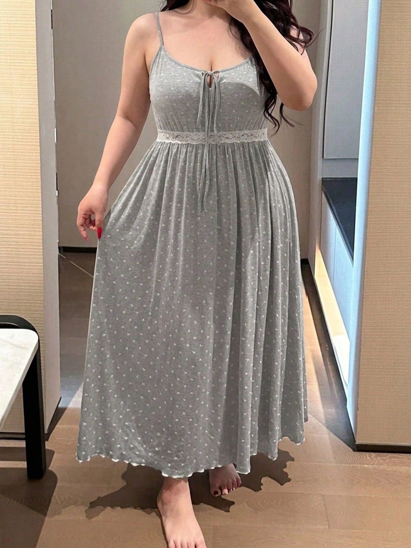 Dazy Plus Elegant Ditsy Floral Scoop Neck Tie-Up Contrast Lace Cinched Waist Long Nightgown With Short Sleeves Summer Pajamas
