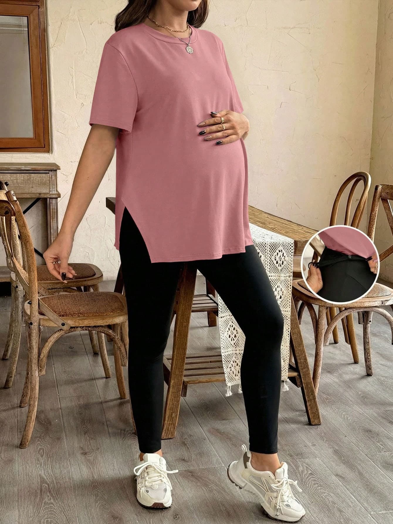 SHEIN Maternity Loose Solid Color Split Short Sleeve T-Shirt And Adjustable Waist Long Pants 2pcs Set