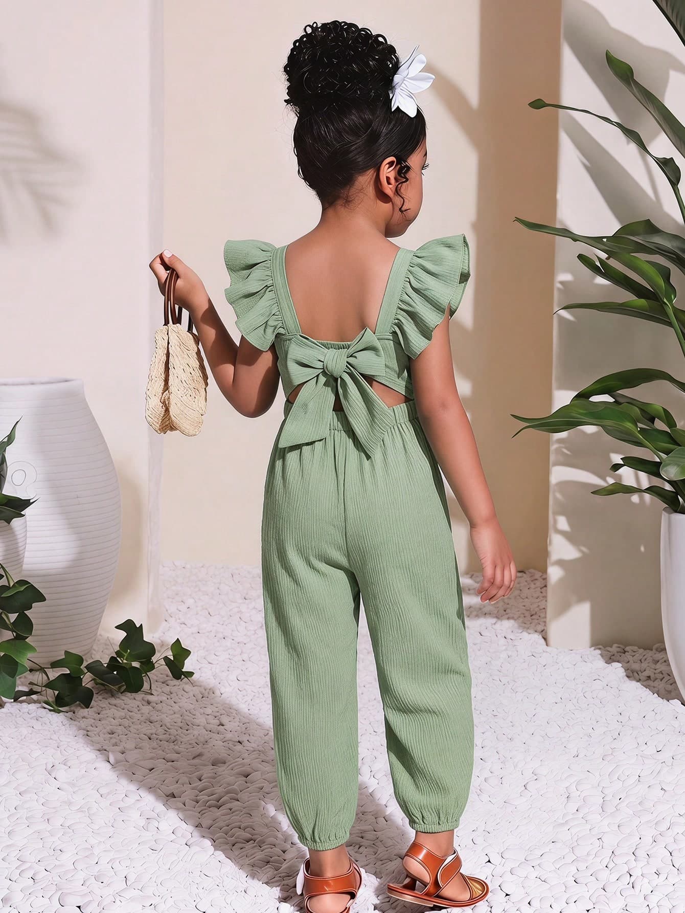 SHEIN Young Girl Green Woven Solid Color Square Collar Ruffle Casual Jumpsuit Summer Romper Cute Vacation Casual Holiday Vacation Bohemian Kids