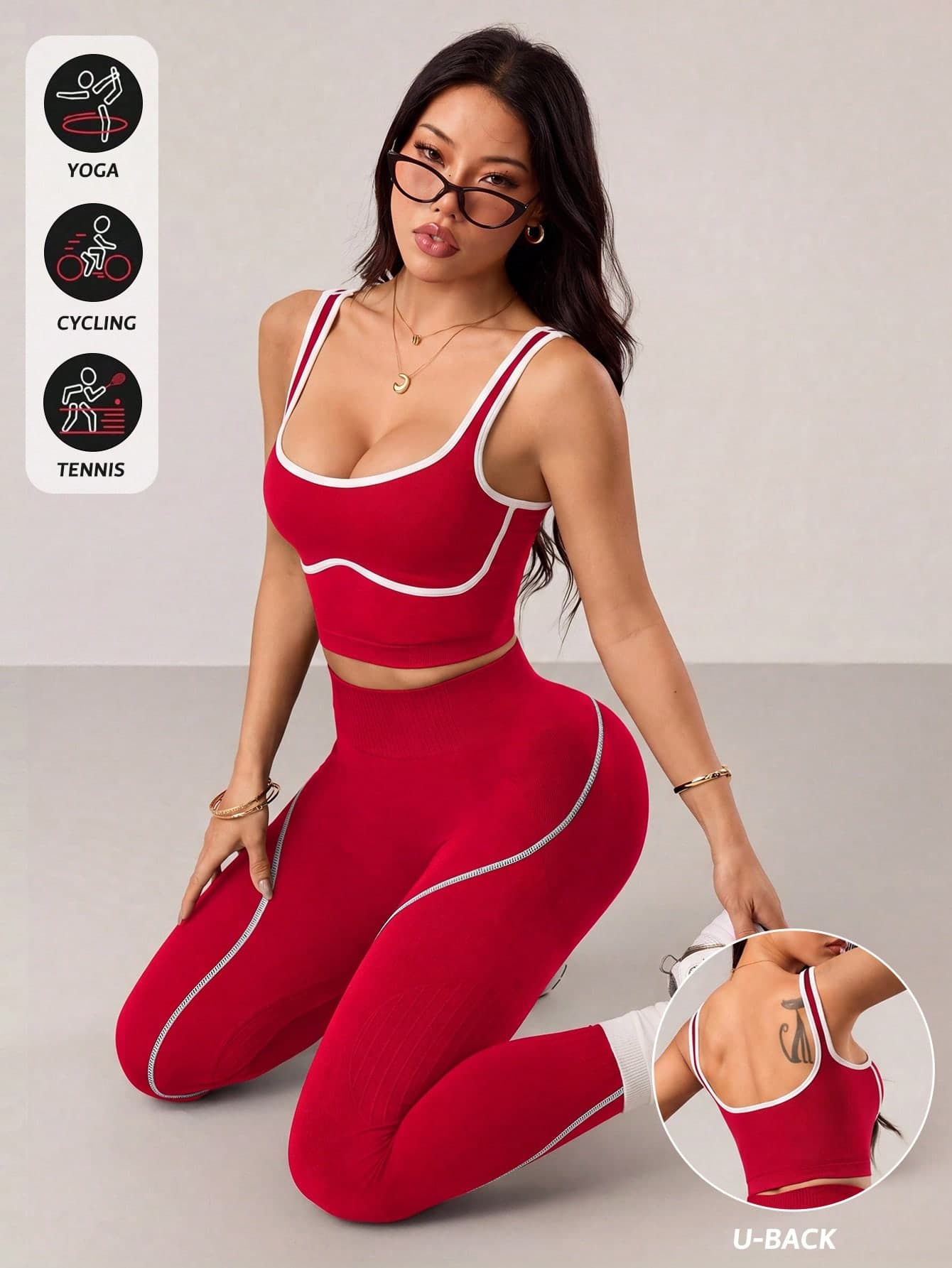 Dewbera Dewbera 2pcs Women's Black Seamless Tight Yoga Fitness Vest And High Waist Contrast Color Workout Leggings Set
