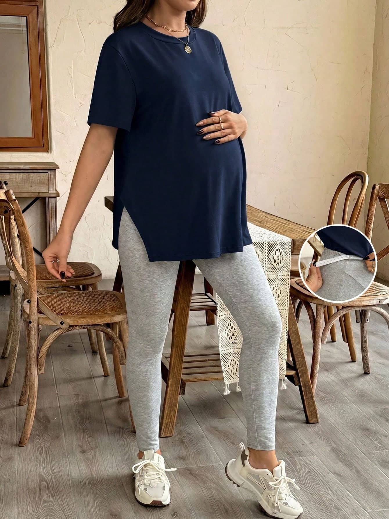 SHEIN Maternity Summer Loose Solid Color Side Slit Short Sleeve Top And Tight Pants 2pcs Set