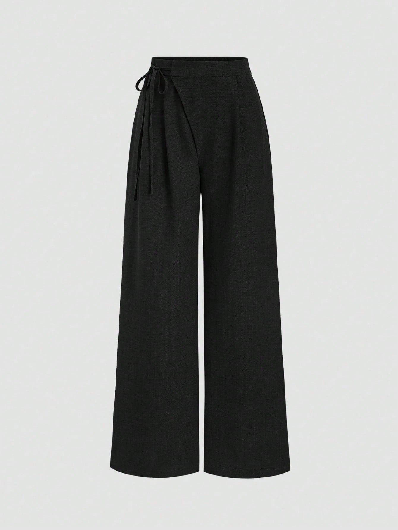 Sweetra Spring/Autumn New Low-Waist Tie Ruched Slimming Wide-Leg Pants Office Black Classy